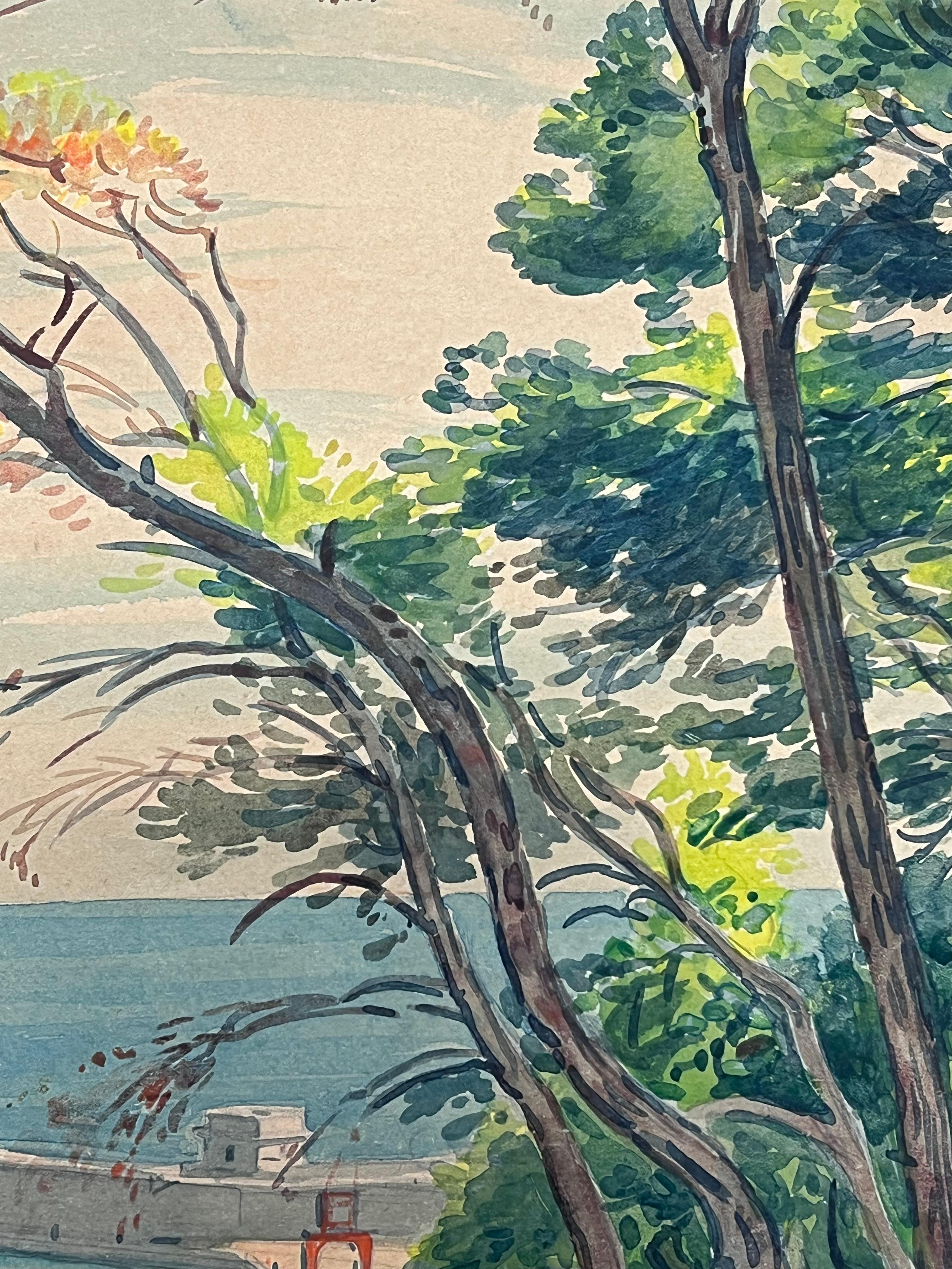 Acuarela francesa vintage Vista panorámica de la costa de Mónaco en venta 1