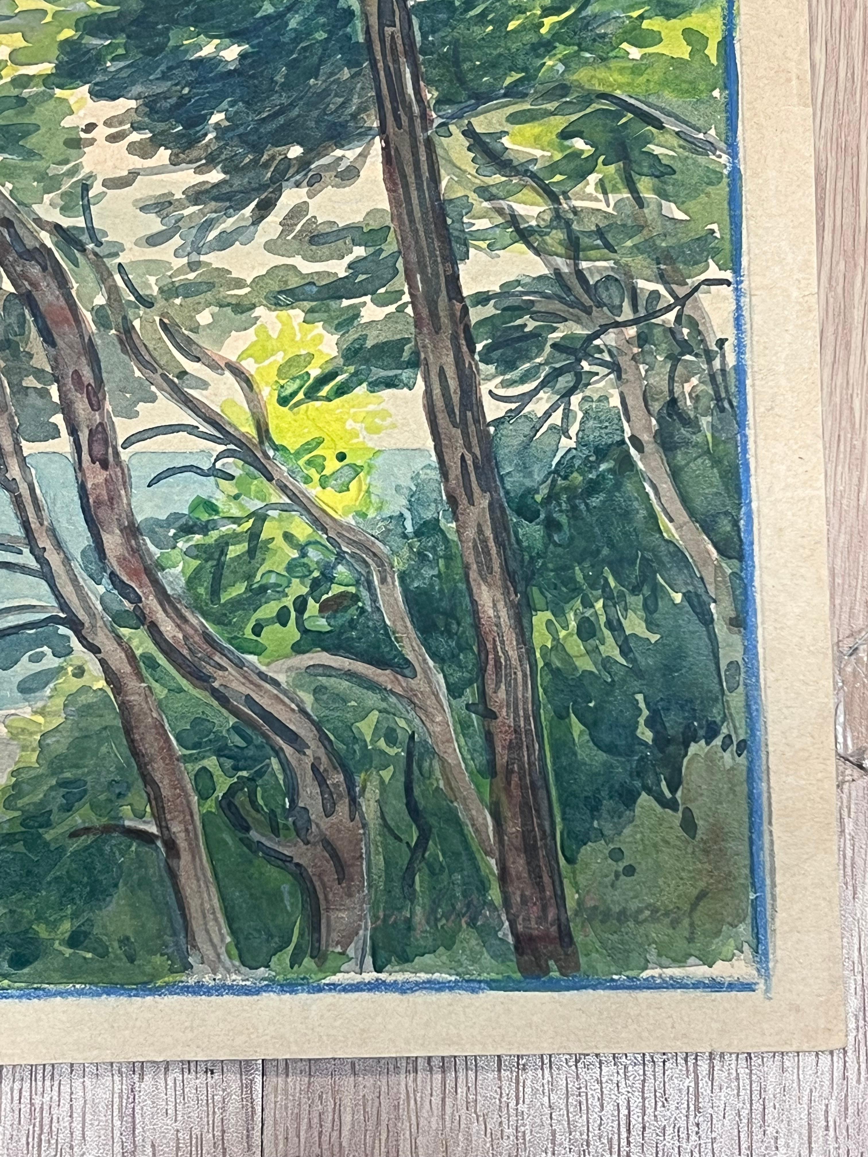Acuarela francesa vintage Vista panorámica de la costa de Mónaco en venta 2