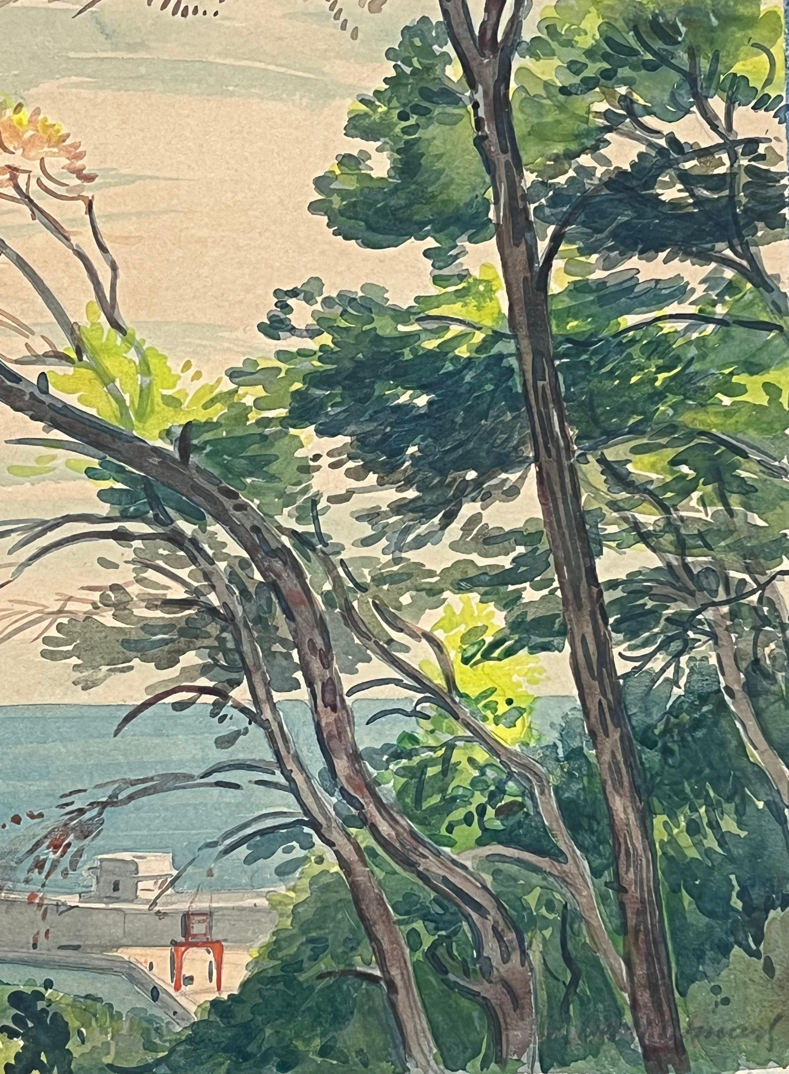 Acuarela francesa vintage Vista panorámica de la costa de Mónaco en venta 3