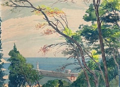 Vintage Französisch Aquarell Malerei Scenic Blick auf Monaco's Küste