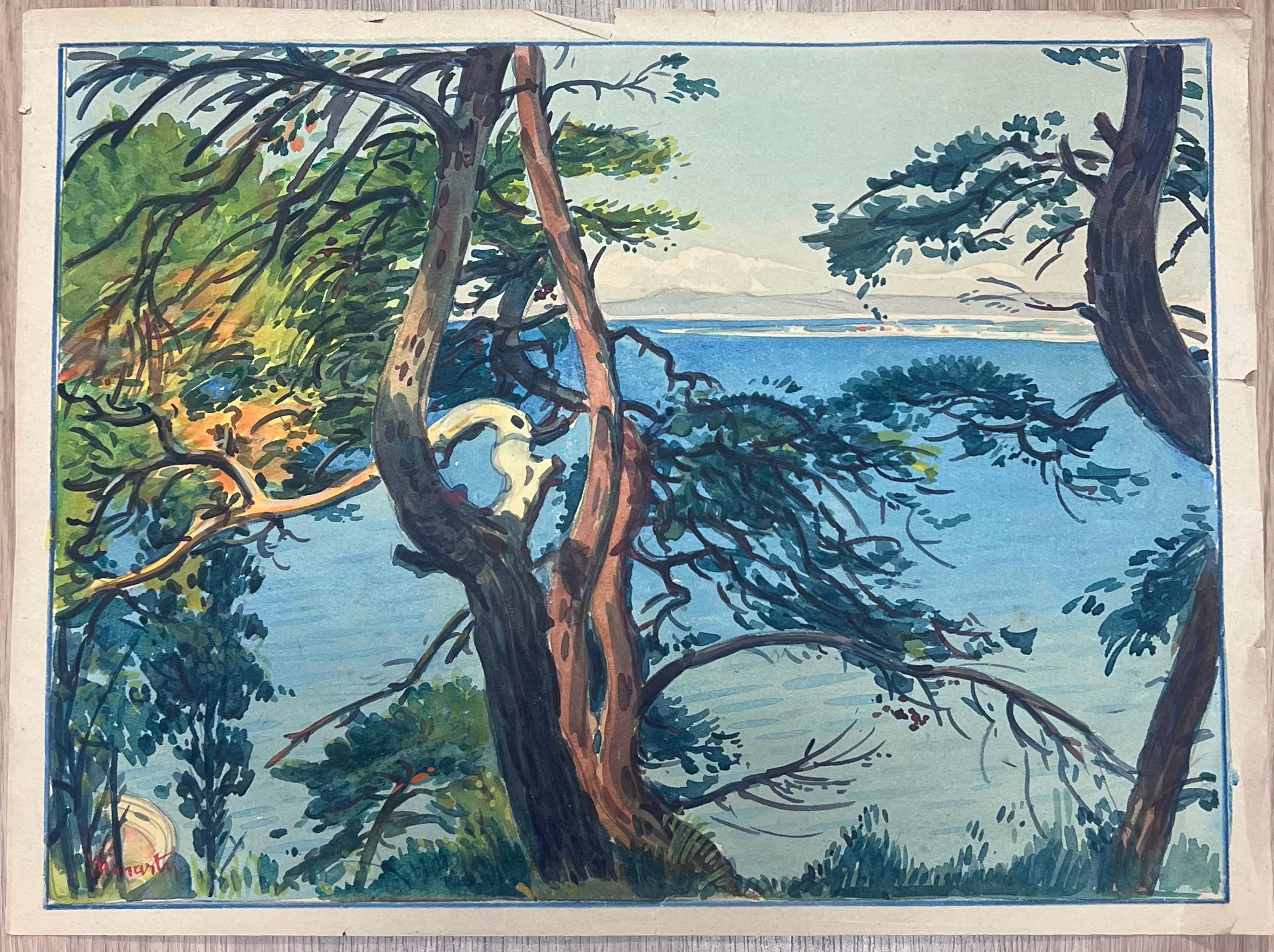 Pini spazzati dal vento che incorniciano il tranquillo acquerello blu del Mediterraneo francese - Art di  Tony Minartz 