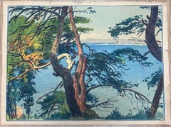 Windswept Pine Trees Framing the Tranquil Blue French Mediterranean Watercolour