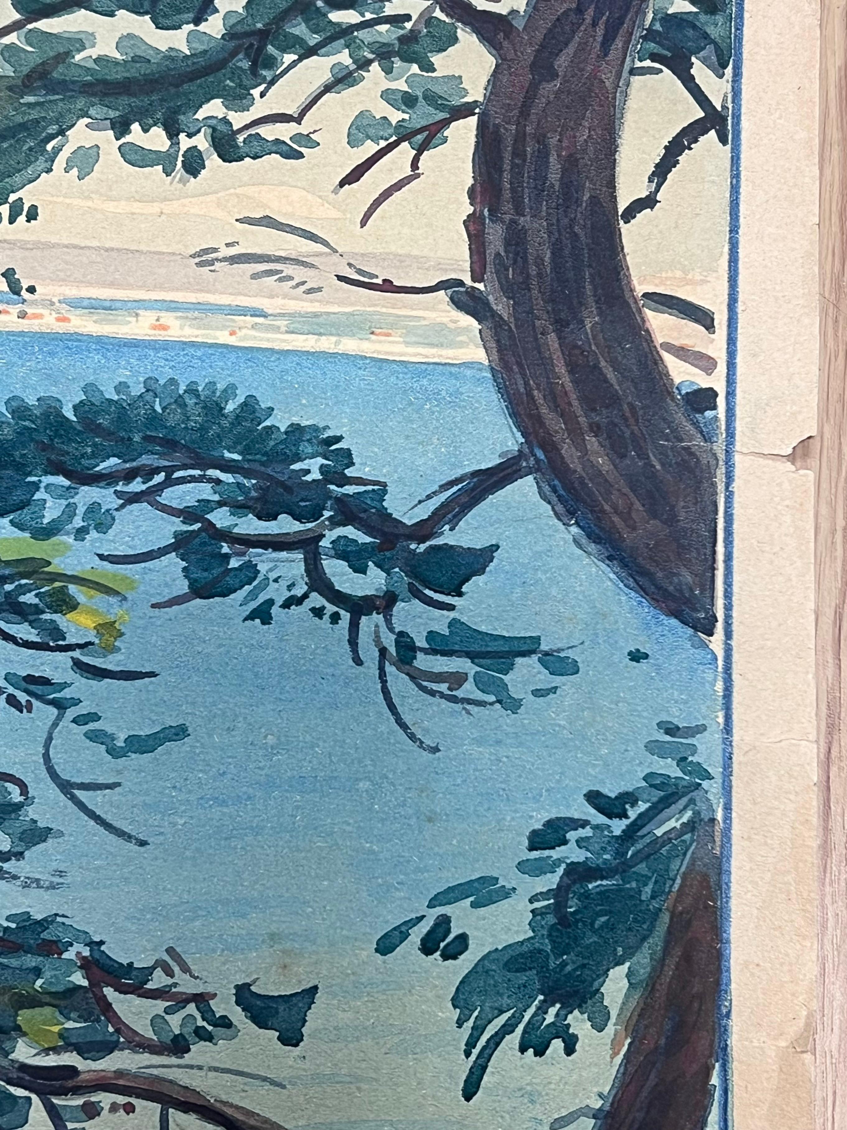 Pini spazzati dal vento che incorniciano il tranquillo acquerello blu del Mediterraneo francese - Art Postimpressionismo di  Tony Minartz 