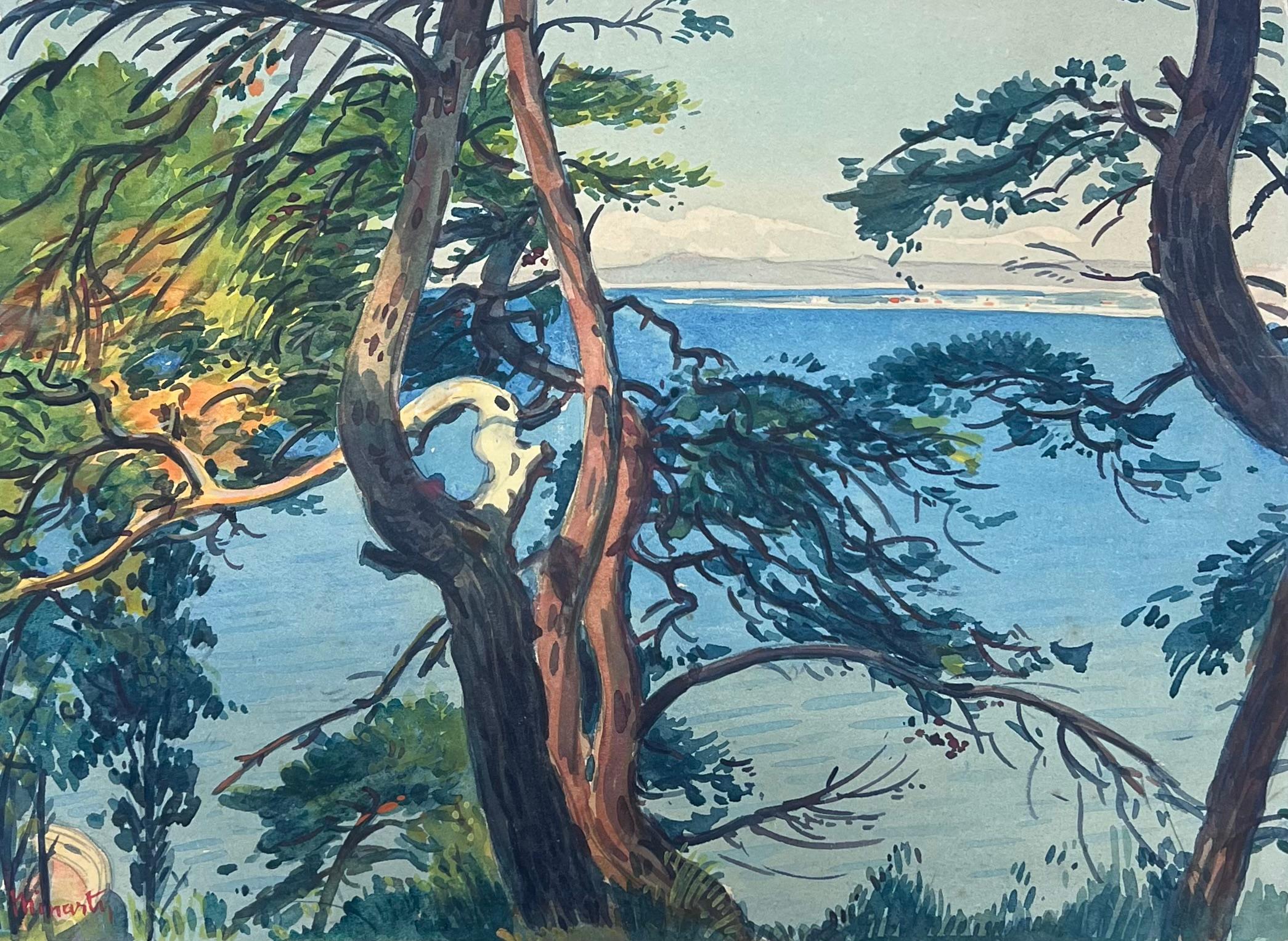 Landscape Art di  Tony Minartz  - Pini spazzati dal vento che incorniciano il tranquillo acquerello blu del Mediterraneo francese