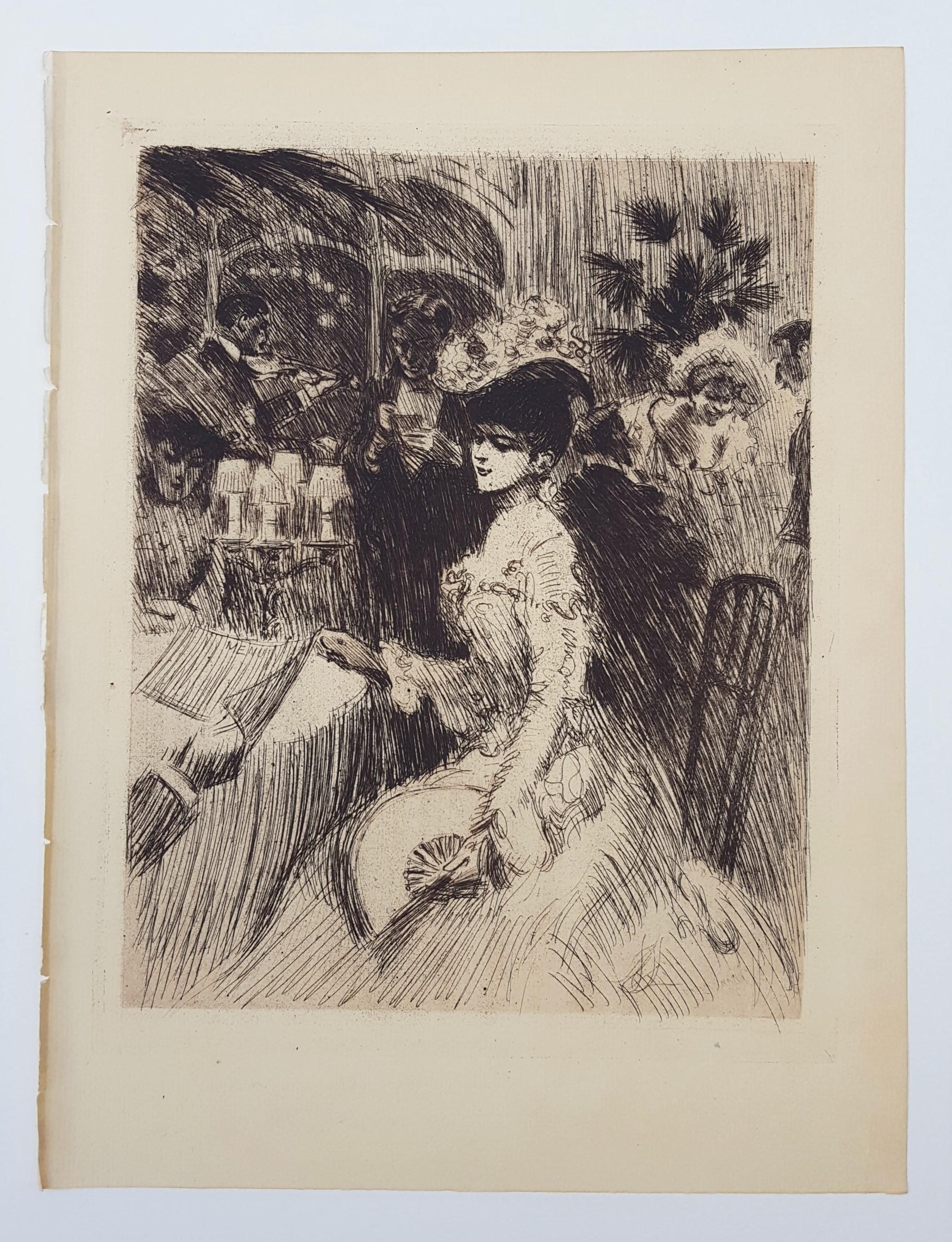 Au Restaurant /// French Impressionist Etching Lady Girl Figurative Modern Art - Print by Tony Minartz