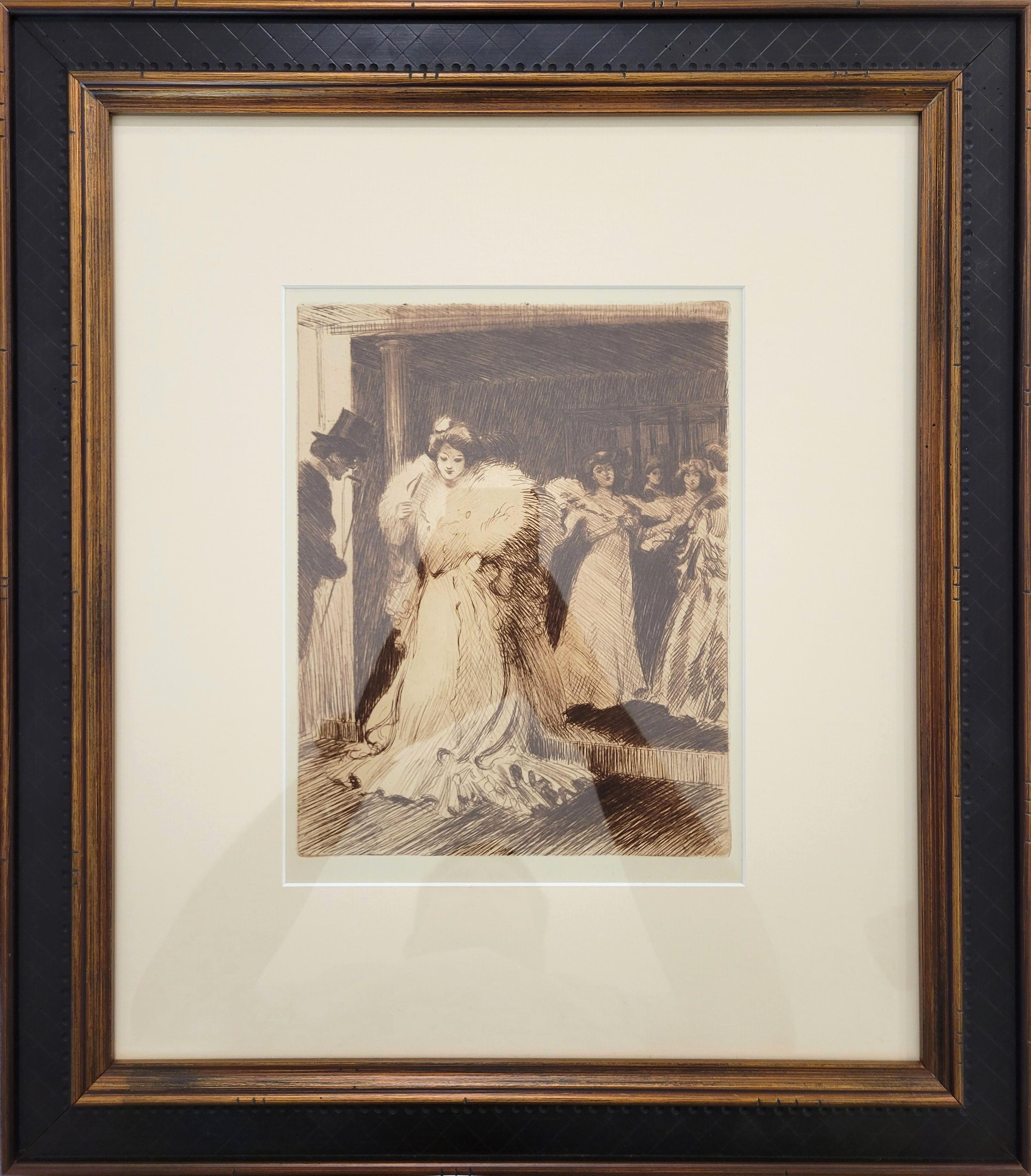 L'Avant-Foyer de l'Opera /// Aguafuerte Impresionista Francés Figurativo Dama Hombre - Print de Tony Minartz