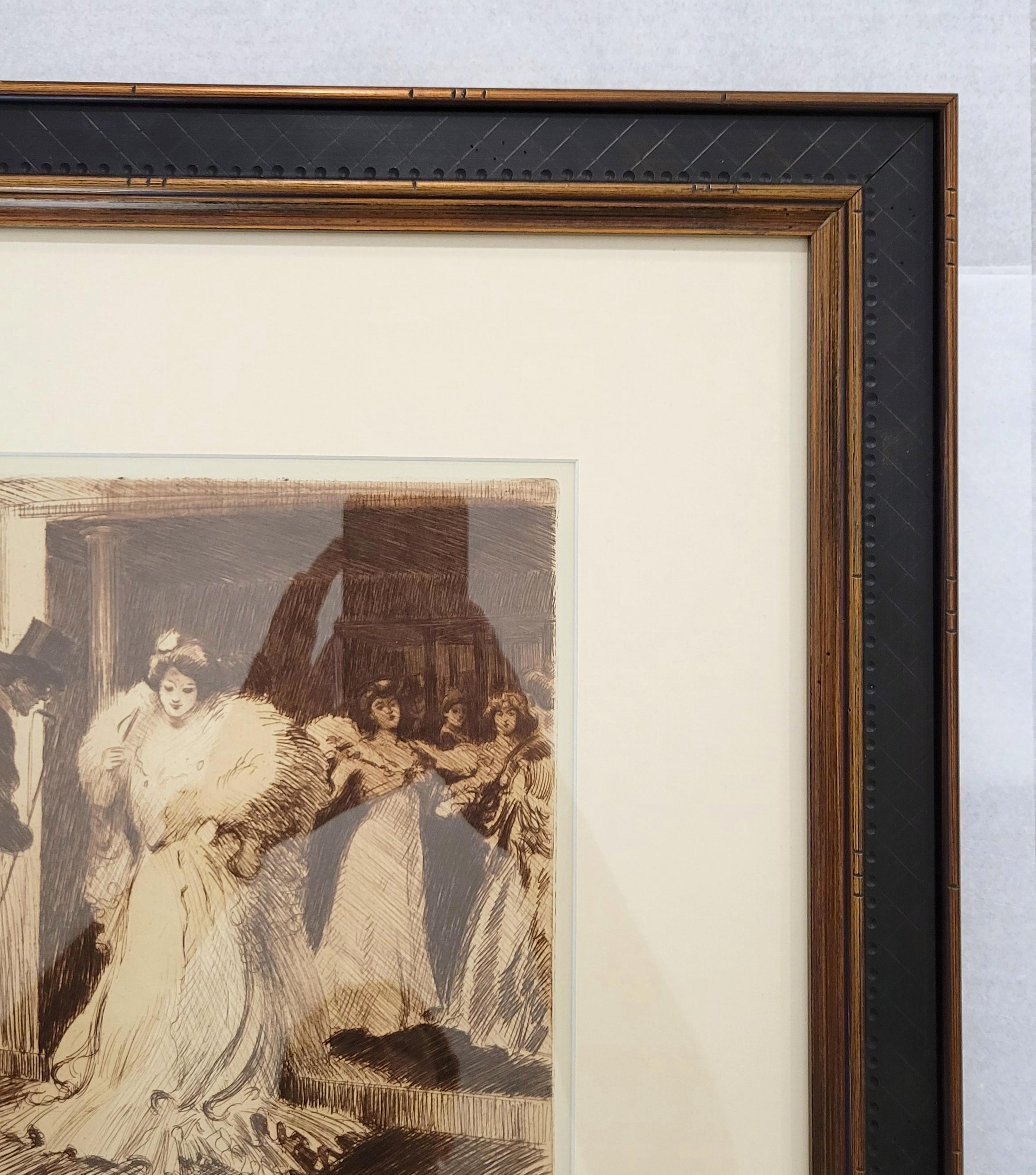 L'Avant-Foyer de l'Opera /// Aguafuerte Impresionista Francés Figurativo Dama Hombre en venta 2