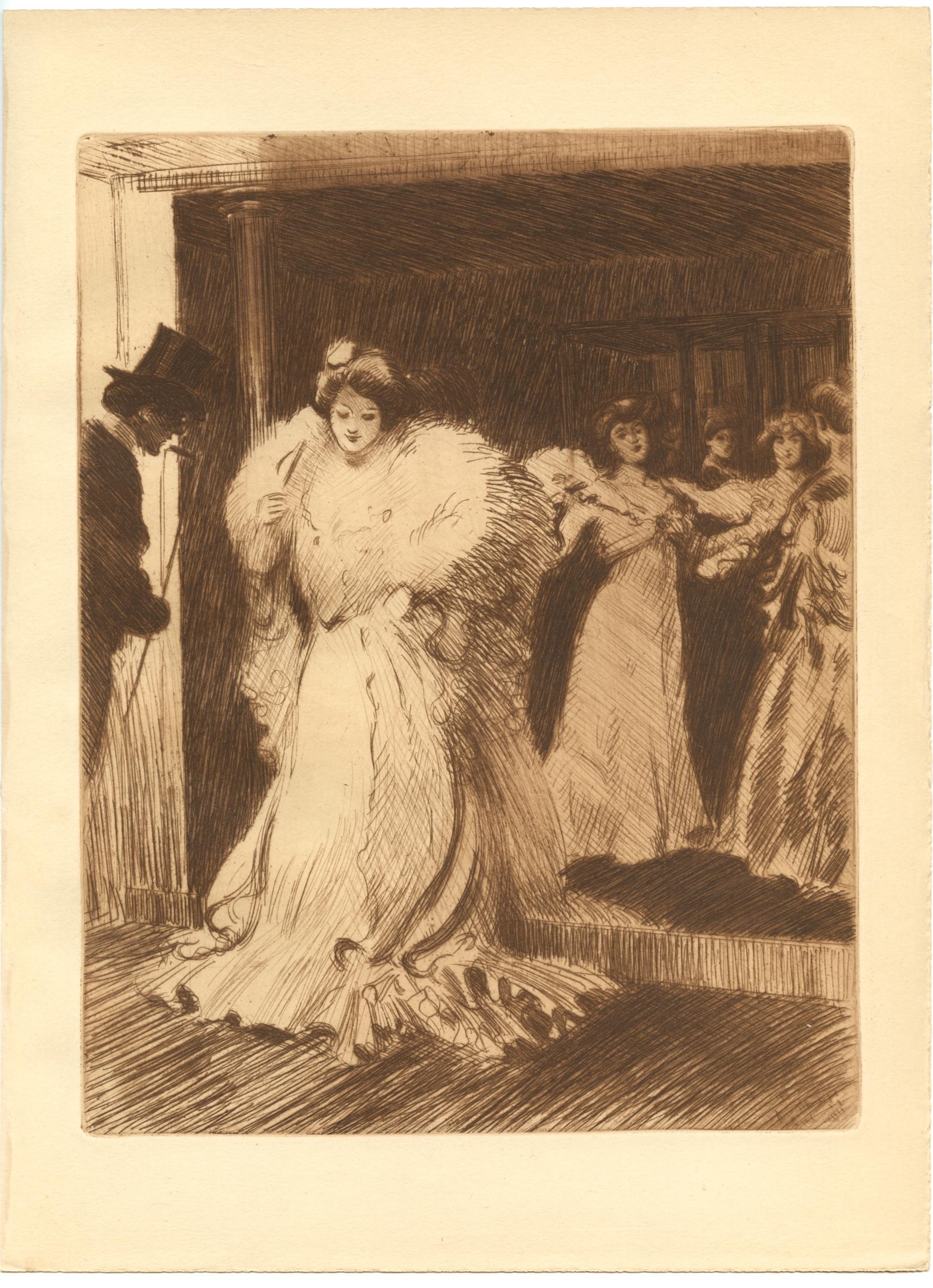 "L’Avant-foyer de l’Opera" original etching - Print by Tony Minartz