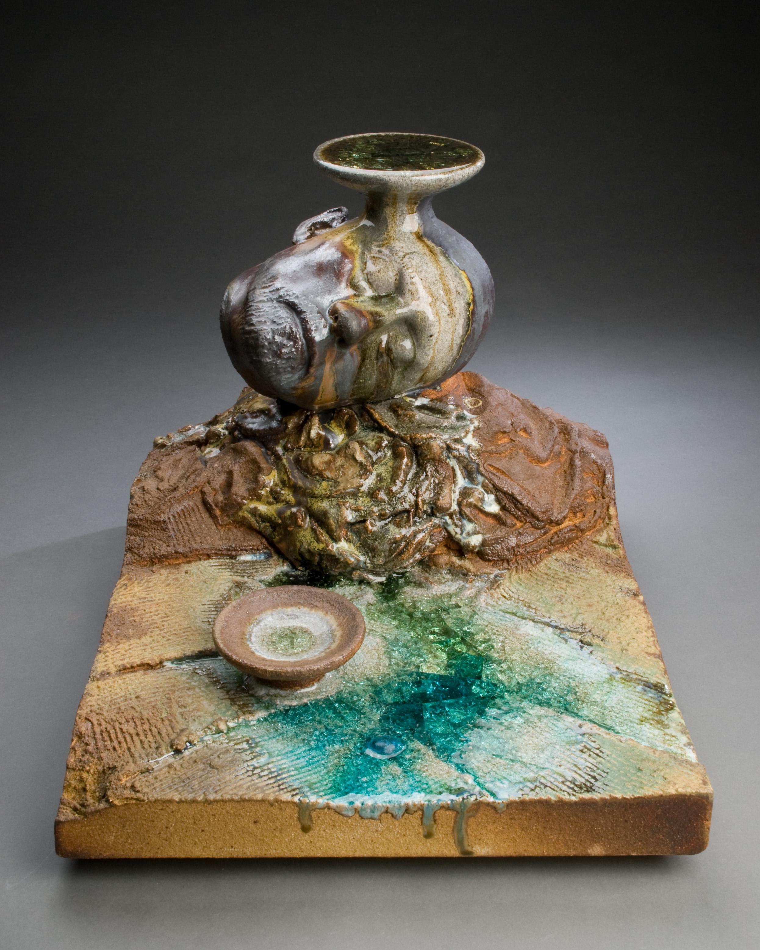 Tony Moore Figurative Sculpture - Ceramic wood-fired sculpture: 'Earth And Sky '