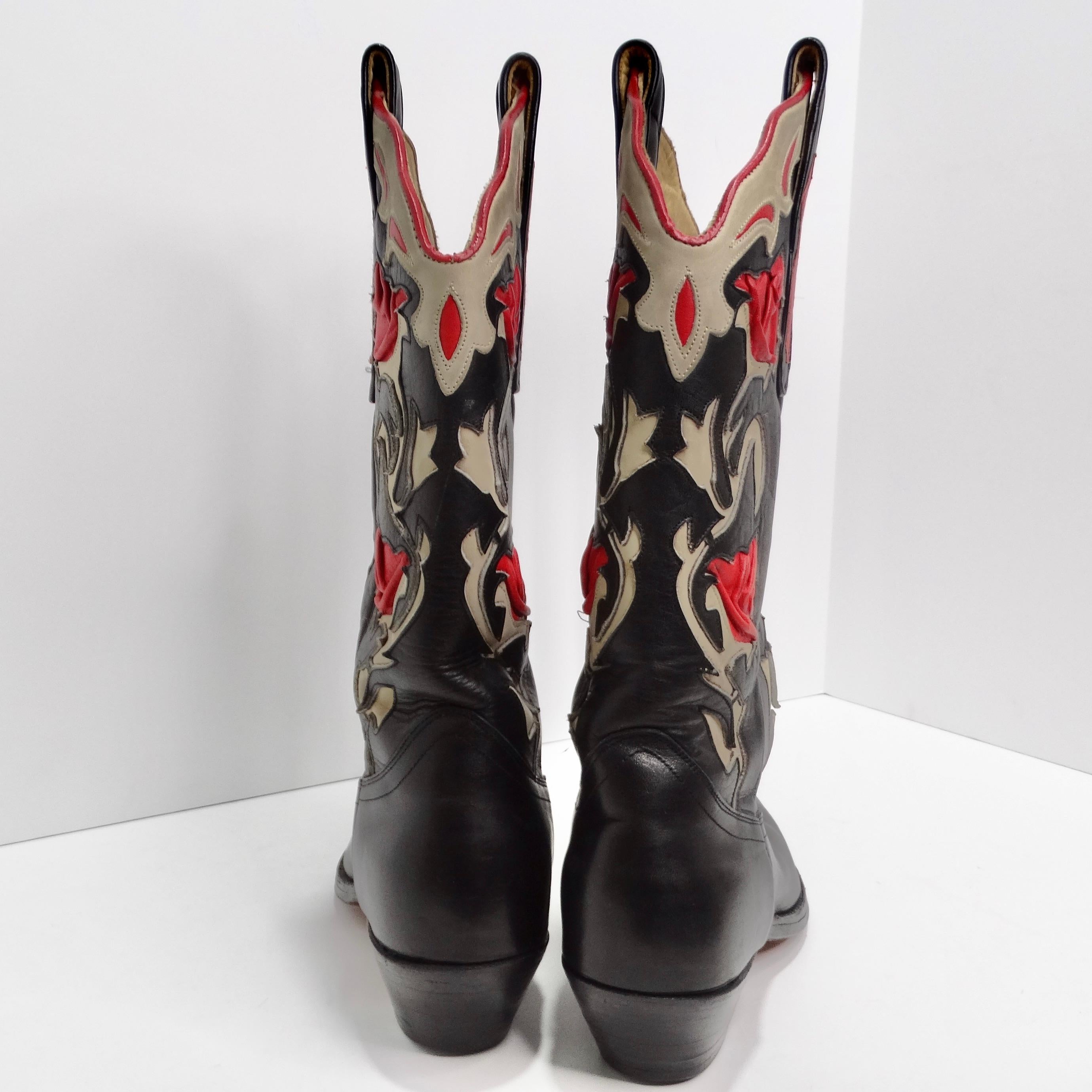 Women's or Men's Tony Mora Black and Red Leather Cowboy Boots For Sale