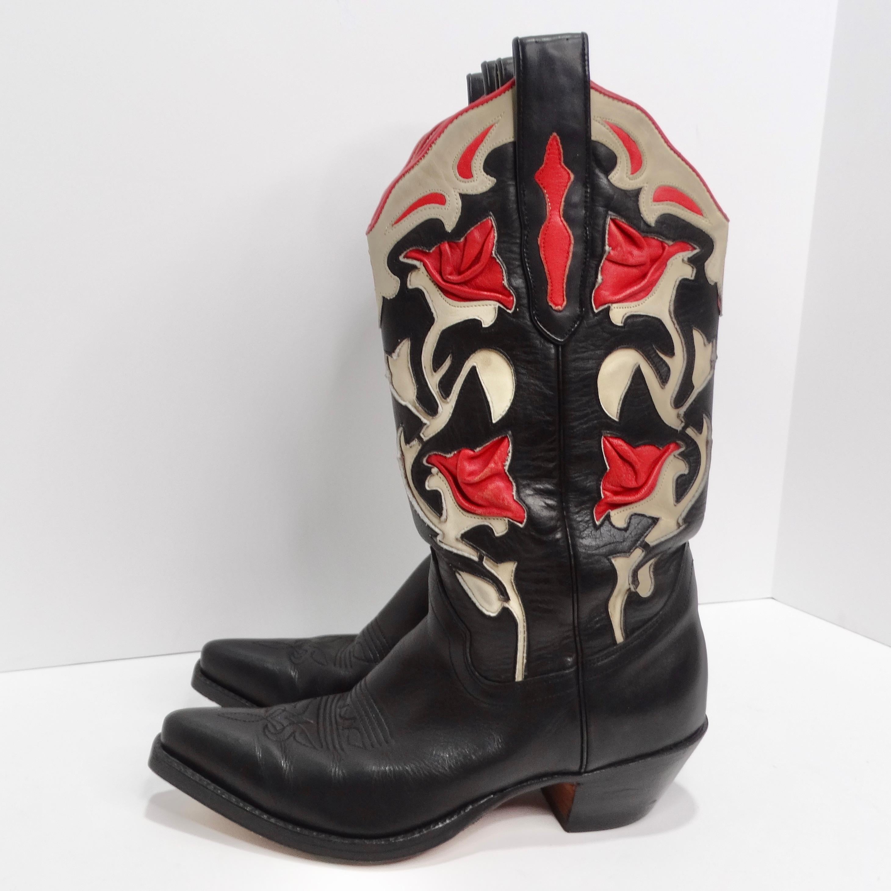 Tony Mora Black and Red Leather Cowboy Boots For Sale 1