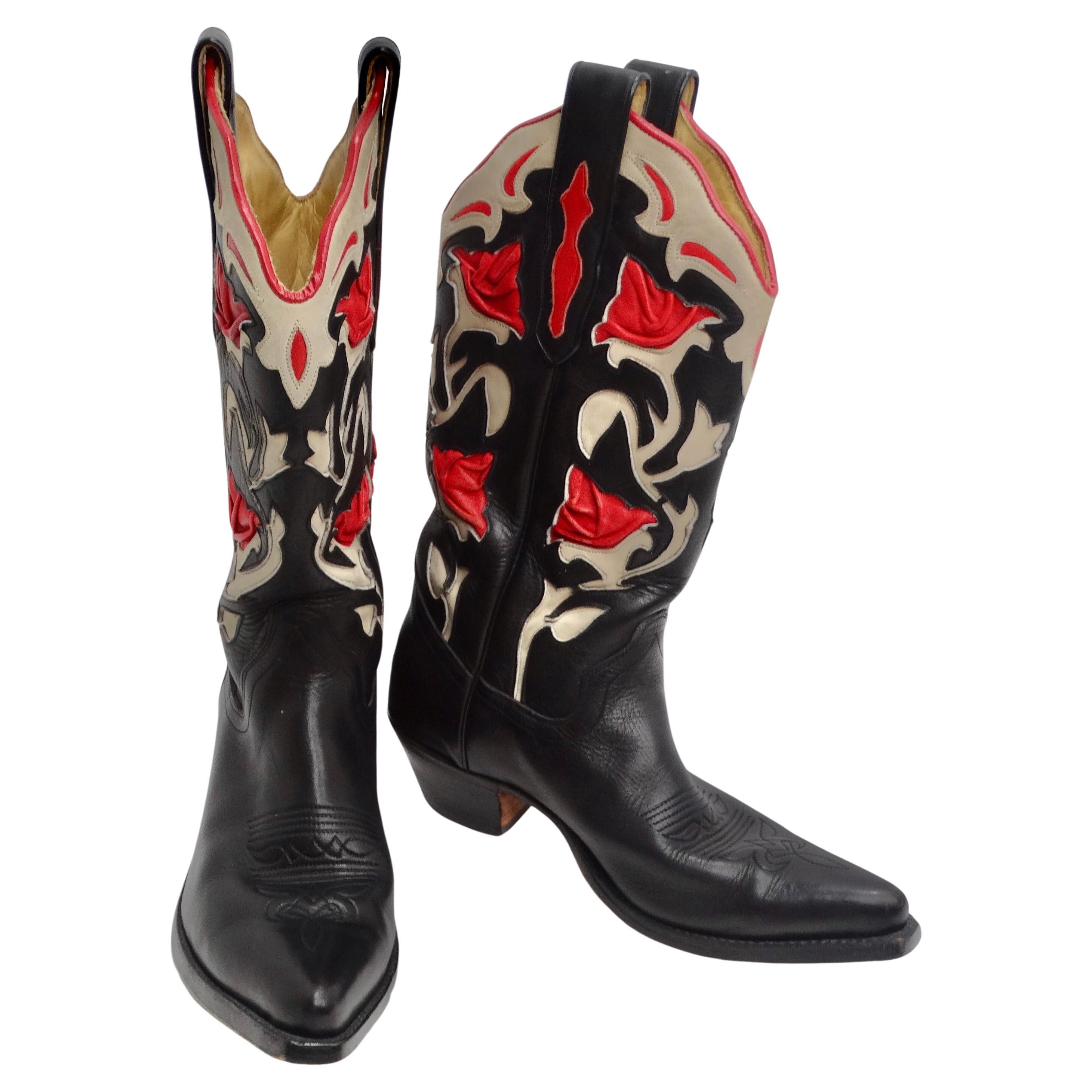 Tony Mora Black and Red Leather Cowboy Boots For Sale