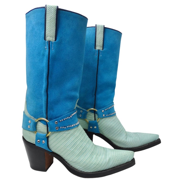 Tony Mora Blue Suede Leather Cowboy Boots For Sale at 1stDibs