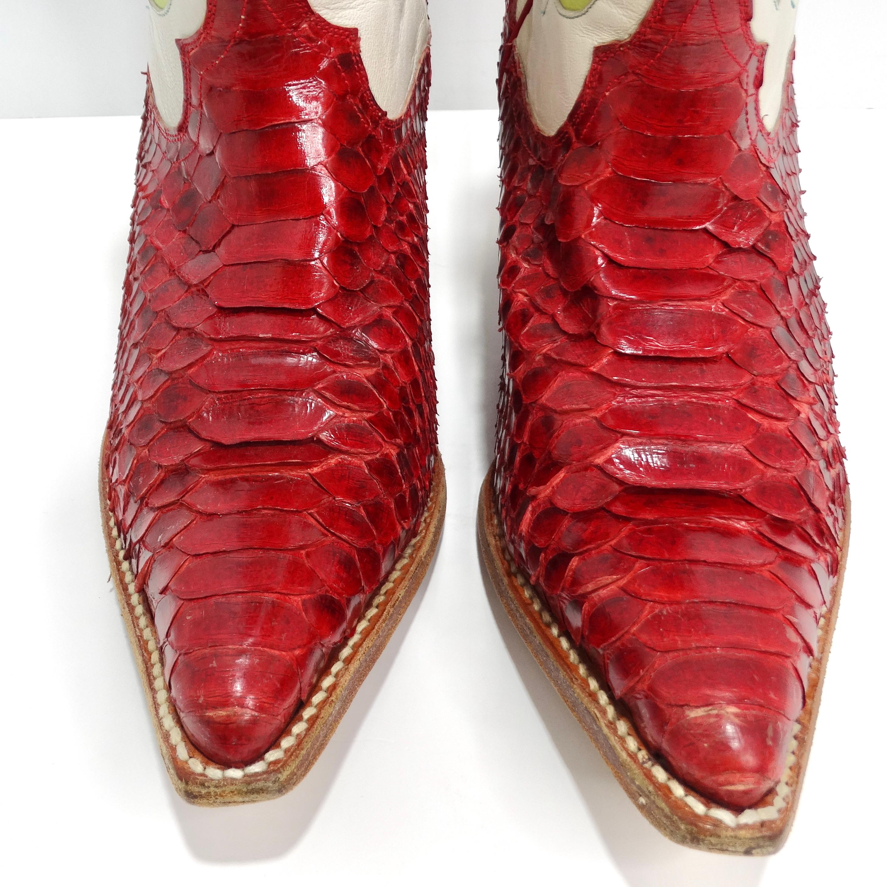 Tony Mora Red Python Floral Cowboy Boots In Good Condition For Sale In Scottsdale, AZ