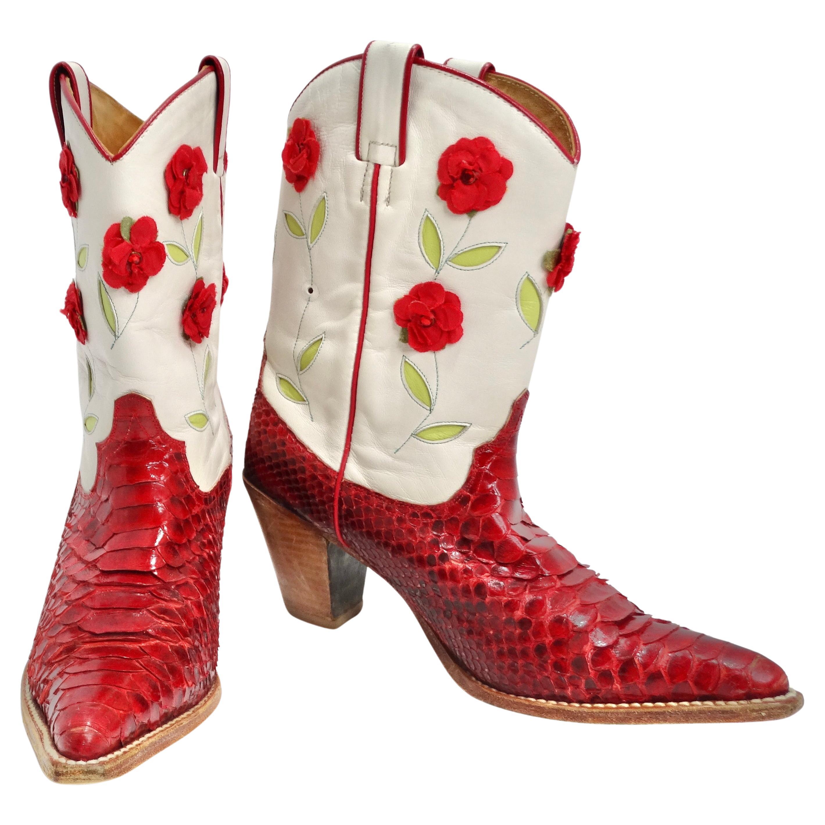 Tony Mora - Bottes de cowboy à fleurs en python rouge en vente