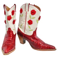 Used Tony Mora Red Python Floral Cowboy Boots