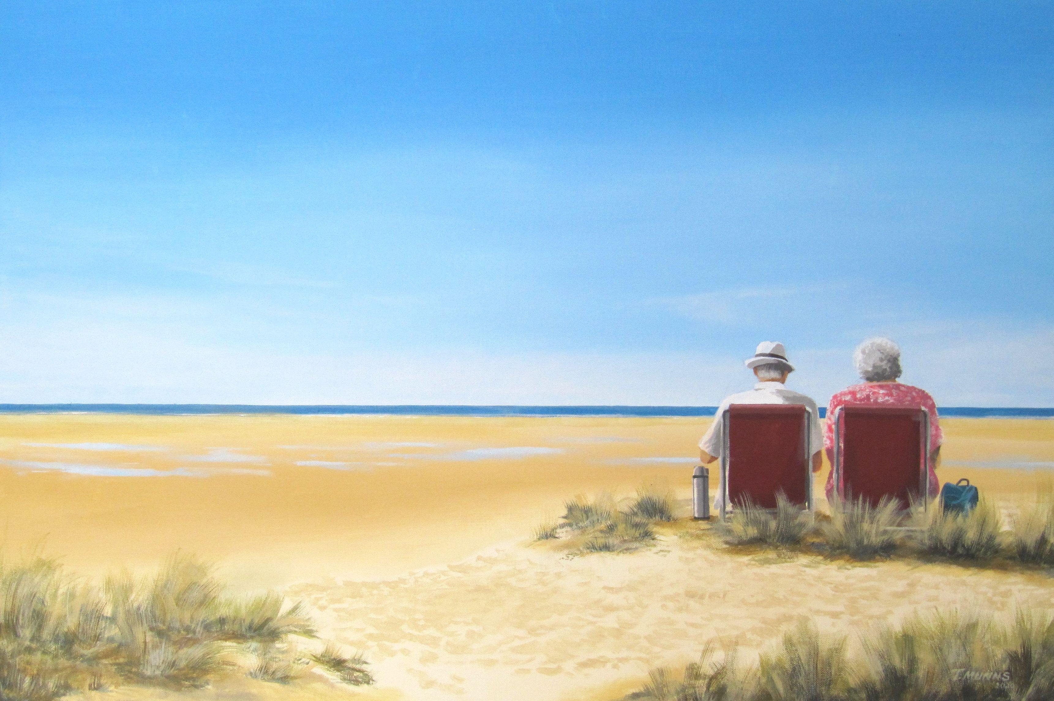 A medium sized unframed original acrylic painting on deep-edge canvasÂ showing Fred and Joan enjoying a flask and a chat overlooking a sunny, sandy beach.Â Edges are painted so that the artwork may be hung without framing if preferred. Signed by the