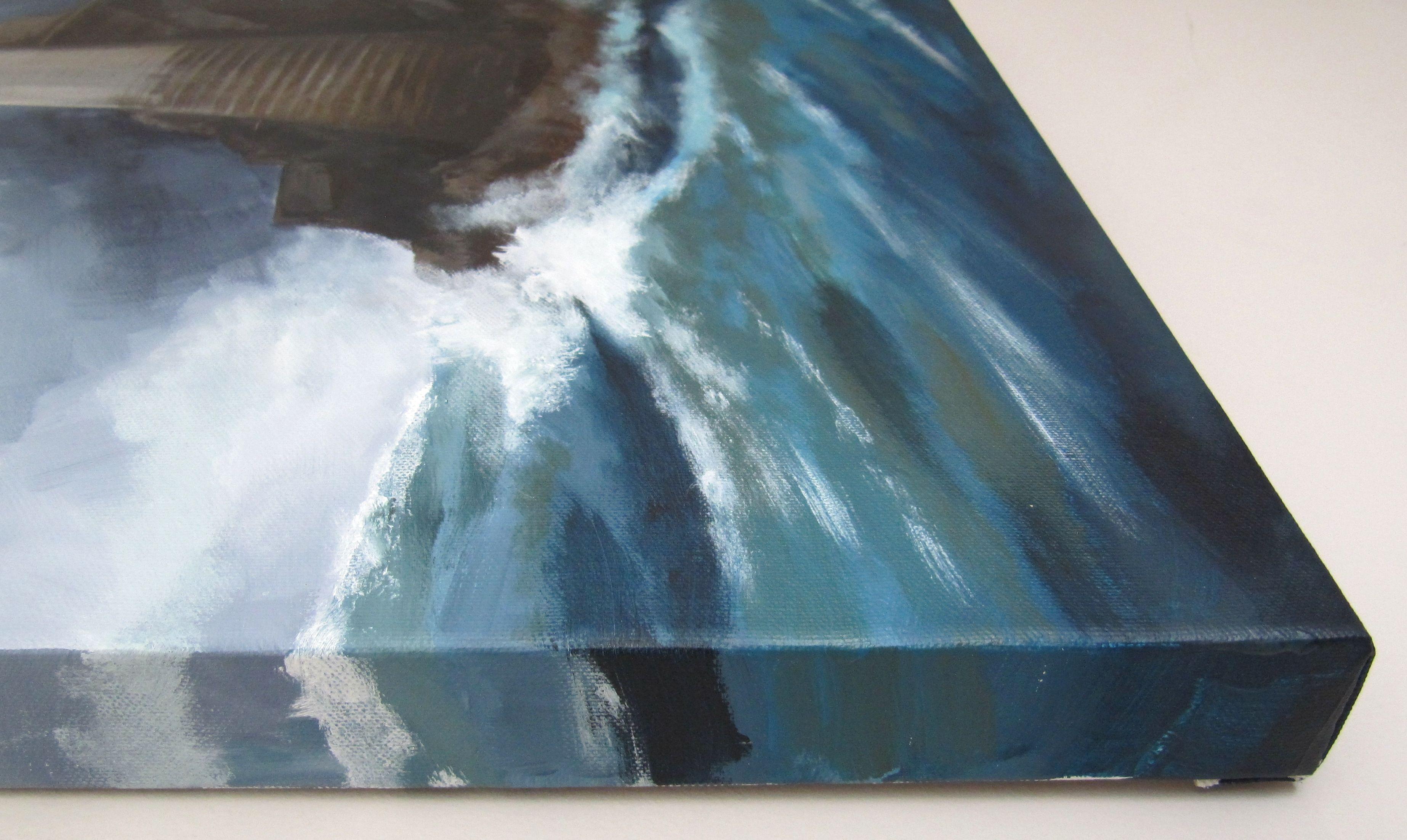 Peinture acrylique originale de taille moyenne, non encadrée, sur toile à bords profondsÂ représentant le cadre dramatique du phareÂ et d'une mer houleuse à Fastnet Rock, en Irlande du Sud.Â Les bords sont peints de façon à ce que l'œuvre puisse