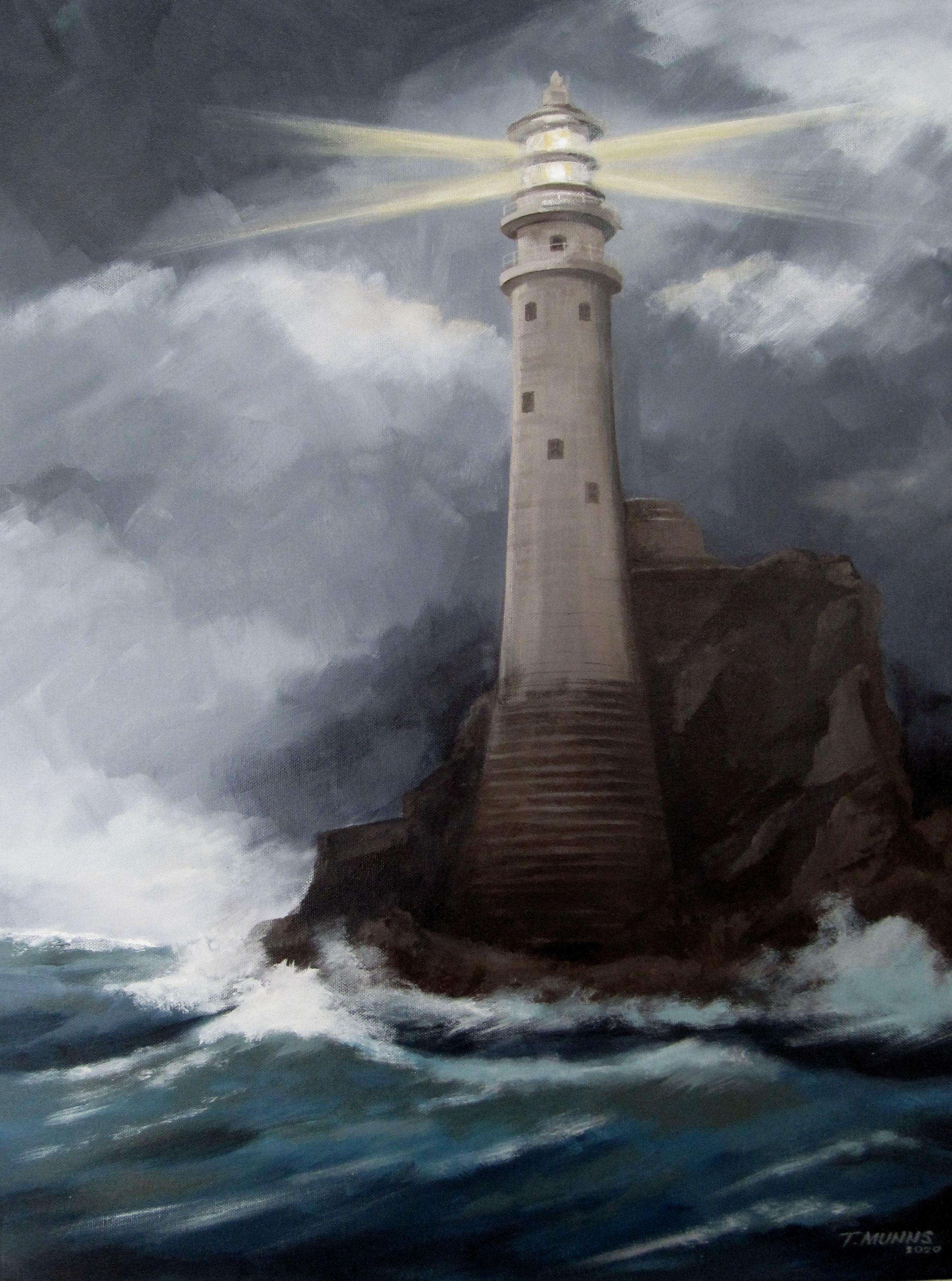 A medium sized unframed original acrylic painting on deep-edge canvasÂ showing the dramatic setting of the lighthouseÂ and a stormy sea at fastnet Rock, Southern Ireland.Â Edges are painted so that the artwork may be hung without framing if