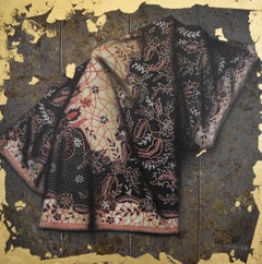 Belle peinture de batik hyperréaliste sur jute attachée à des feuilles d'or