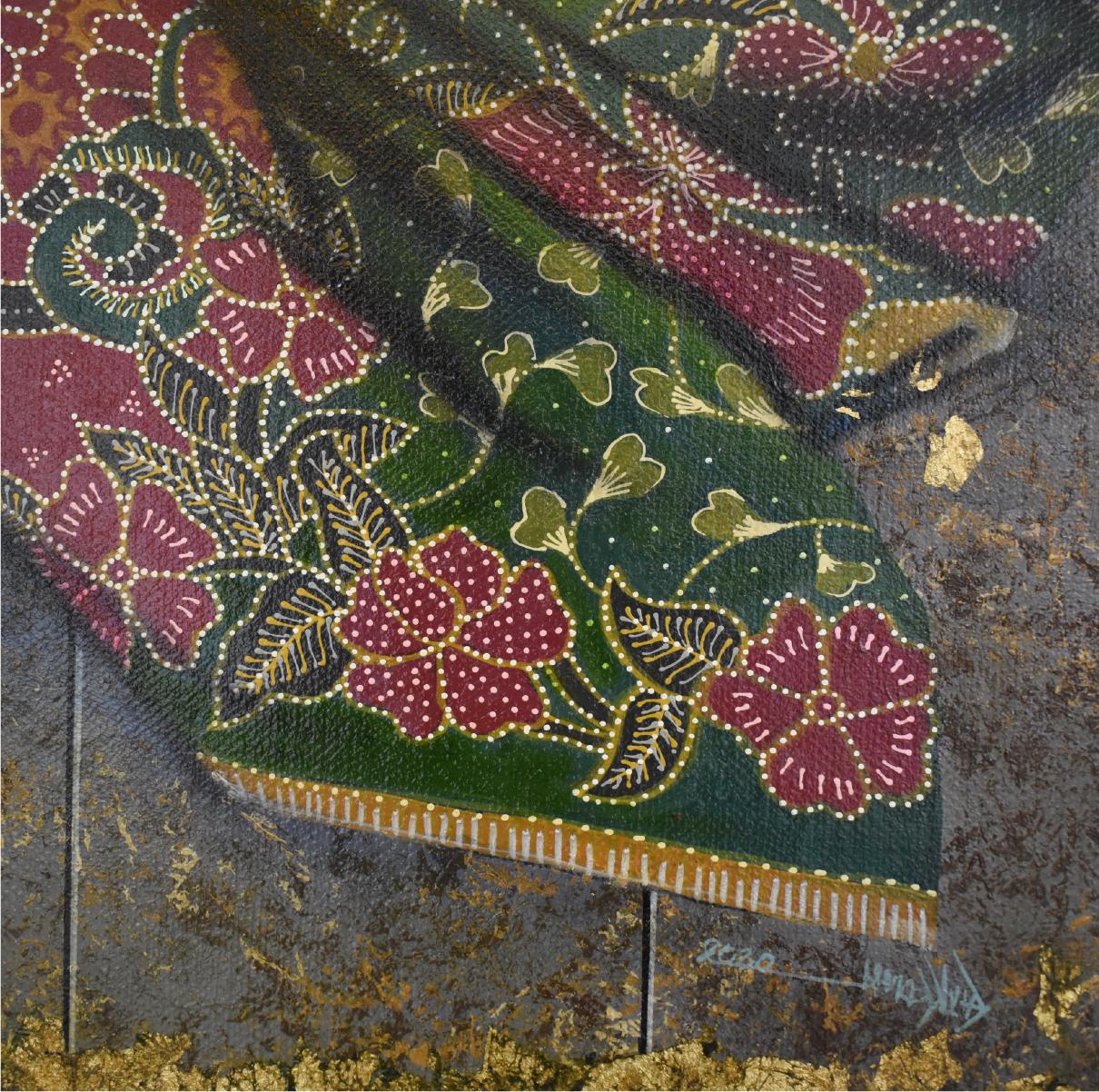Colorful & Hyperrealistic Batik Painting On Jute Attached With Goldleafs  - Brown Still-Life Painting by Tony Ng