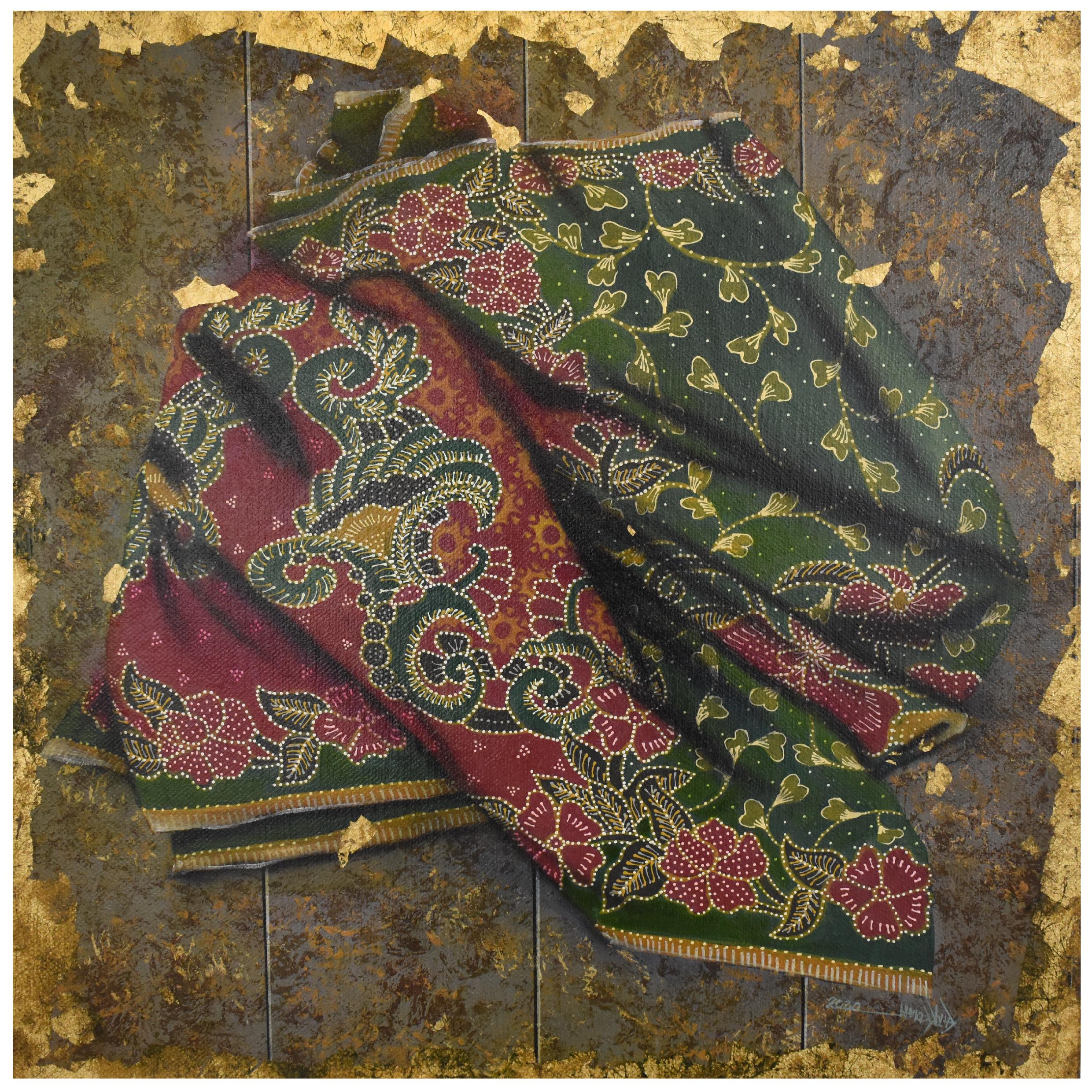 Tony Ng Still-Life Painting - Colorful & Hyperrealistic Batik Painting On Jute Attached With Goldleafs 