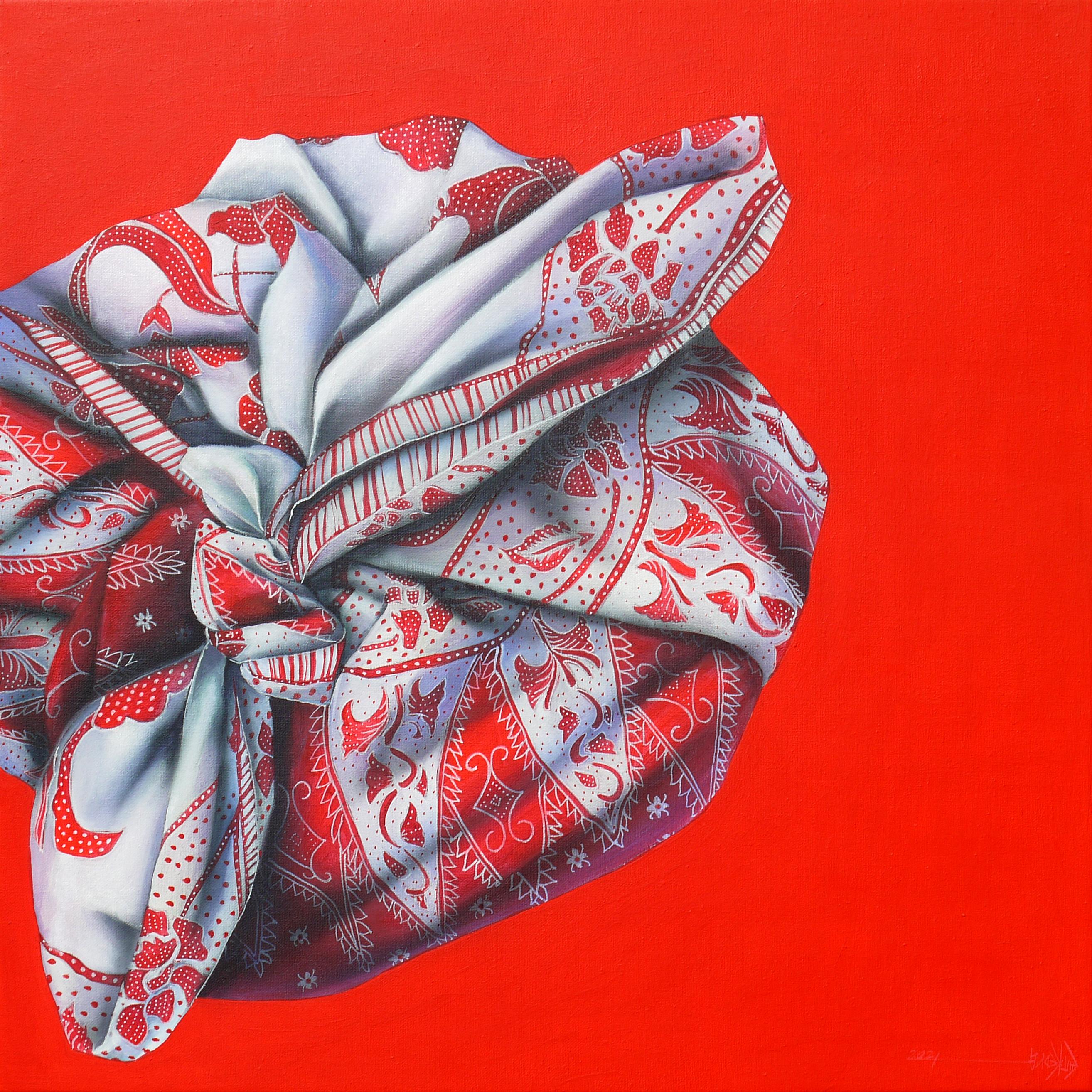 Tony Ng Still-Life Painting - "Colorize • Colorlife #2" Asian batik knot in red & white painting on canvas