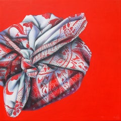 "Colorize • Colorlife #2" Asian batik knot in red & white painting on canvas