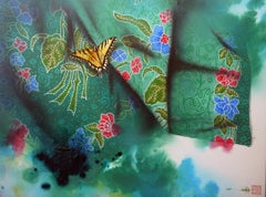 Green Sarong With Flower Patterns & Butterfly Refer The Beauty Of Life