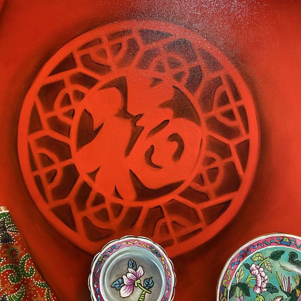 Memory Of Peranakan Baba Nyonya Painting Floral Pattern Batik Painted on Canvas - Red Still-Life Painting by Tony Ng