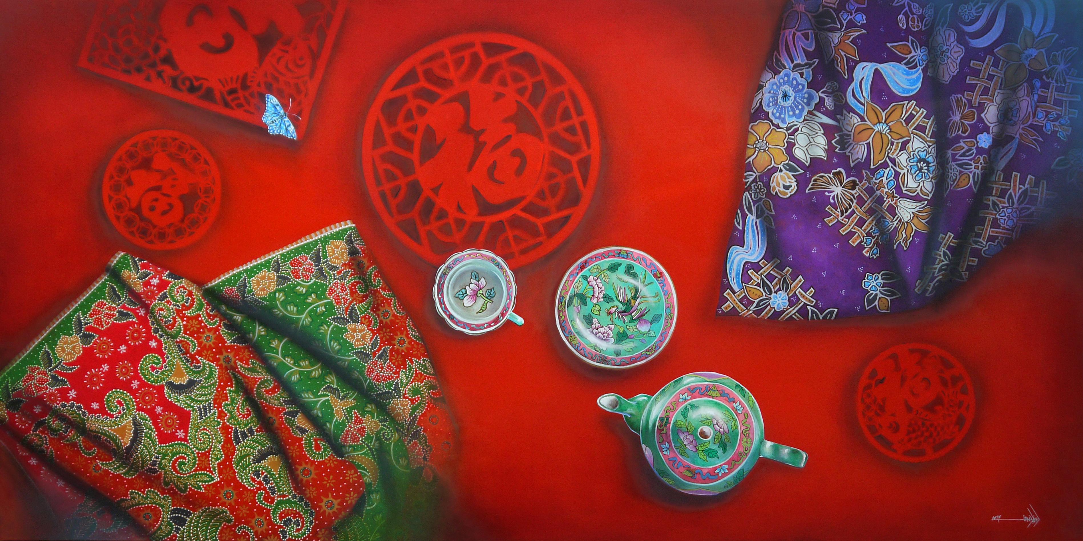 Tony Ng Still-Life Painting - Memory Of Peranakan Baba Nyonya Painting Floral Pattern Batik Painted on Canvas