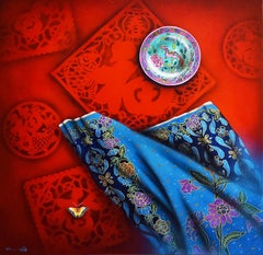 Rotes rotes Gemälde mit Peranakan Baba Nyonya Besteck Eleganter geblümter Batik auf Leinwand