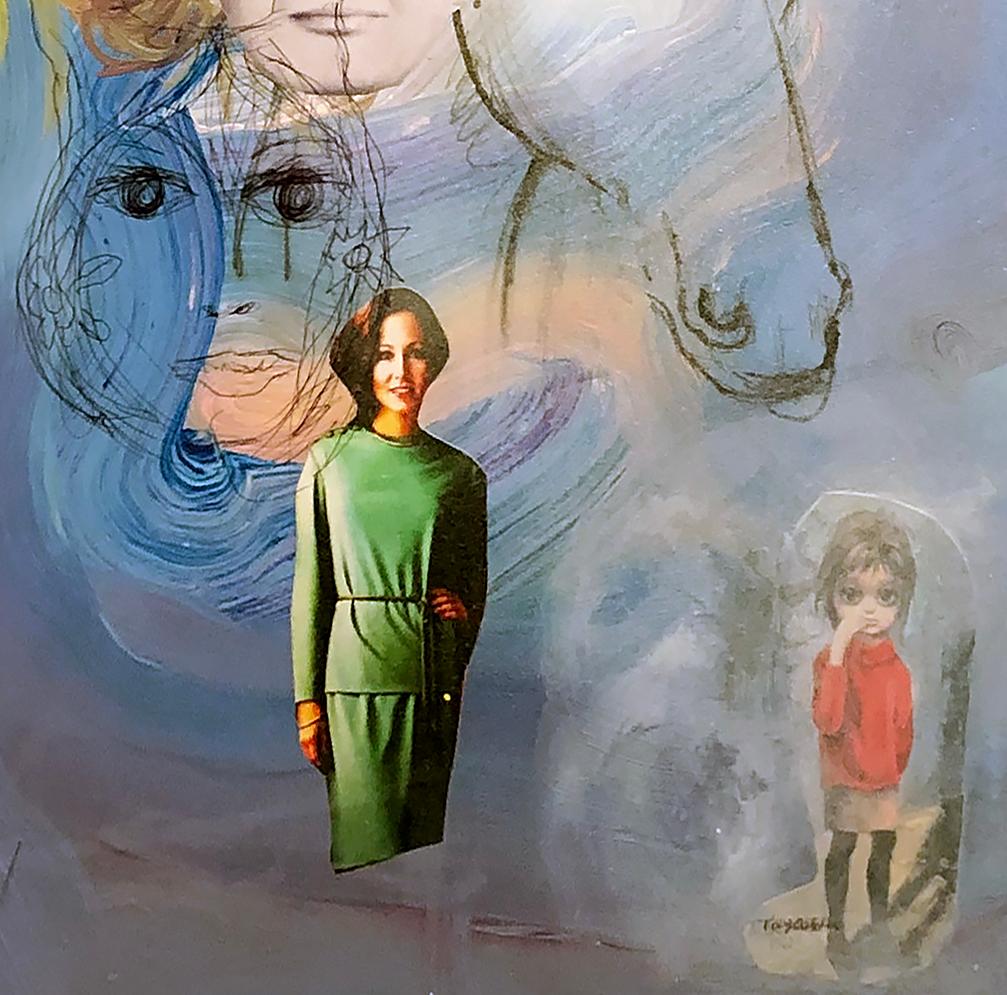 An original acrylic and collage painting by American contemporary artist Tony Oursler titled 
