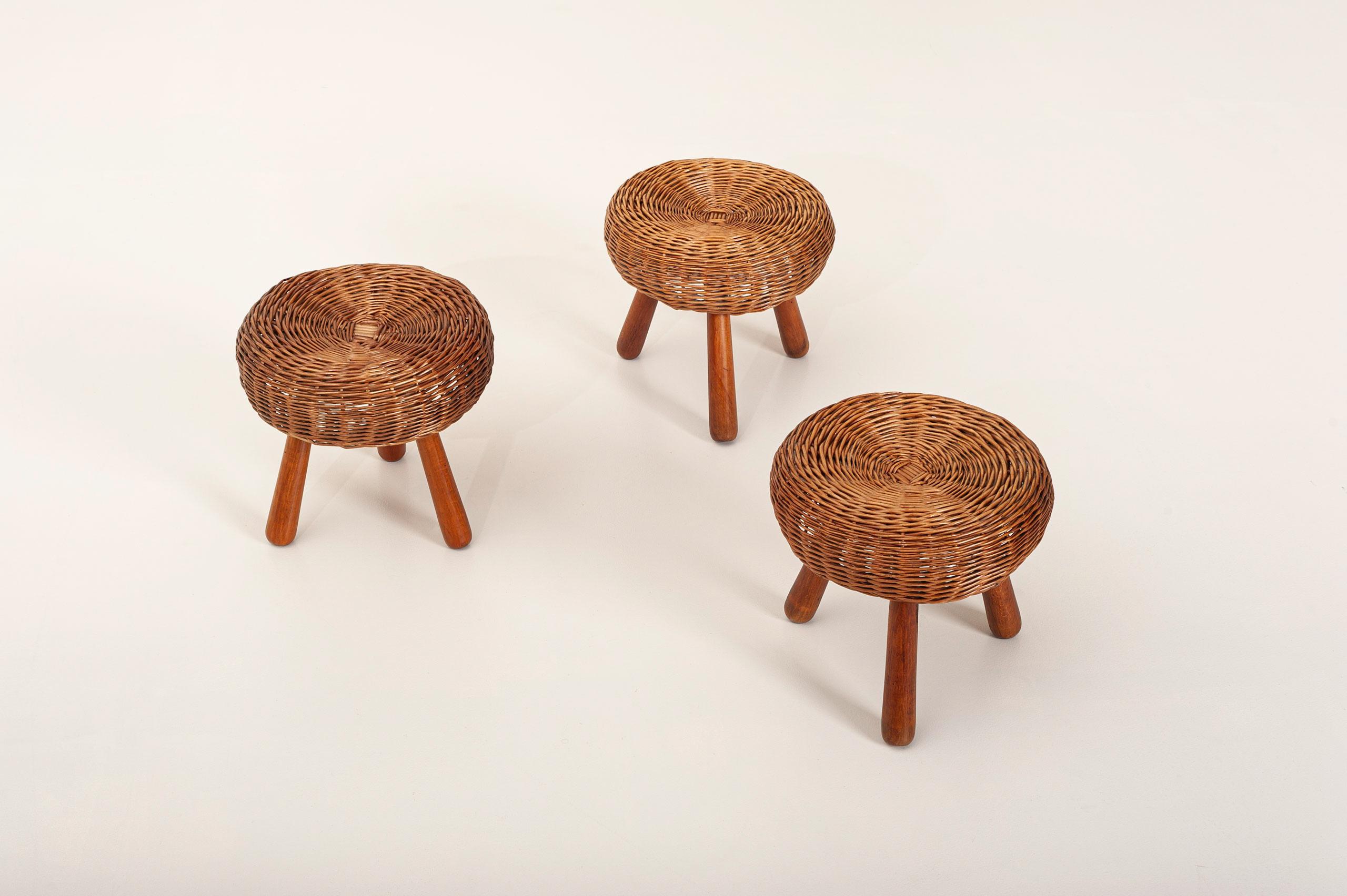 Mid-20th Century Tony Paul Attributed Low Stools, Woven Wicker, Solid Beech, United States, 1950s For Sale