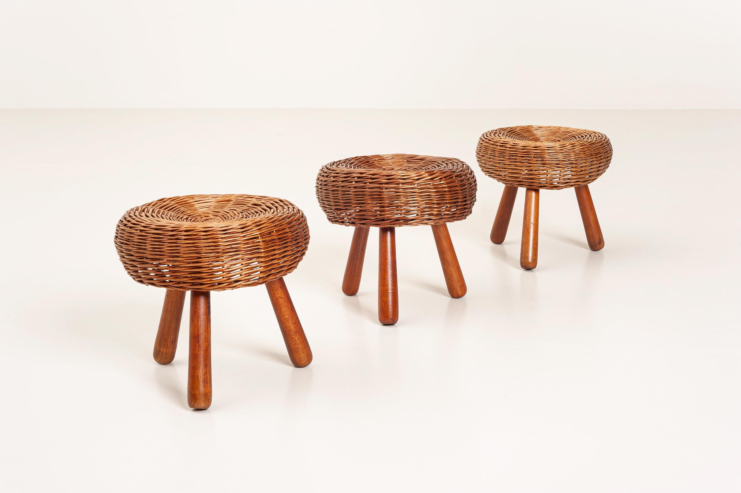 Tony Paul Attributed Low Stools, Woven Wicker, Solid Beech, United States, 1950s For Sale 1