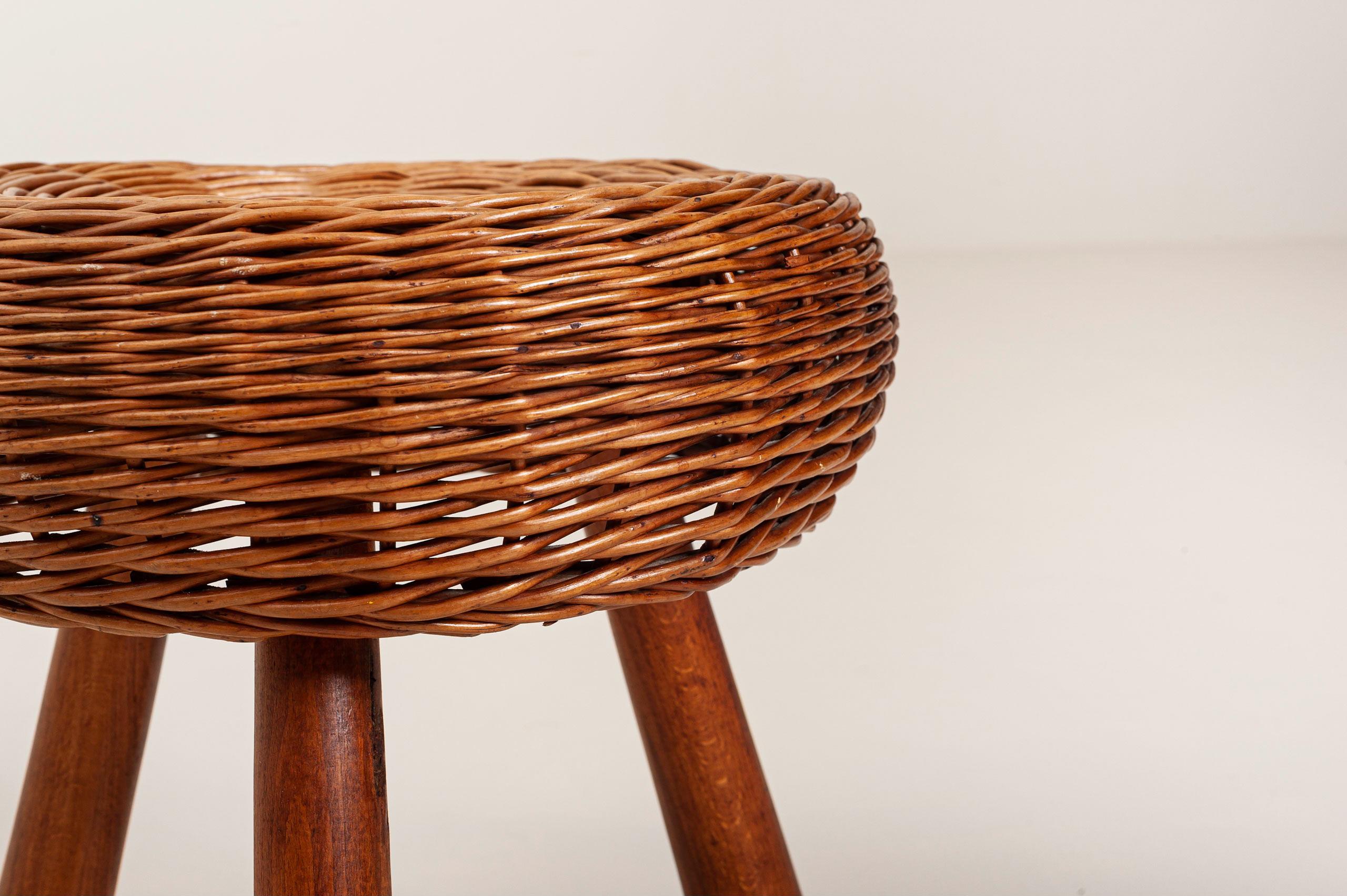 Caning Tony Paul Attributed Low Stools, Woven Wicker, Solid Beech, United States, 1950s For Sale