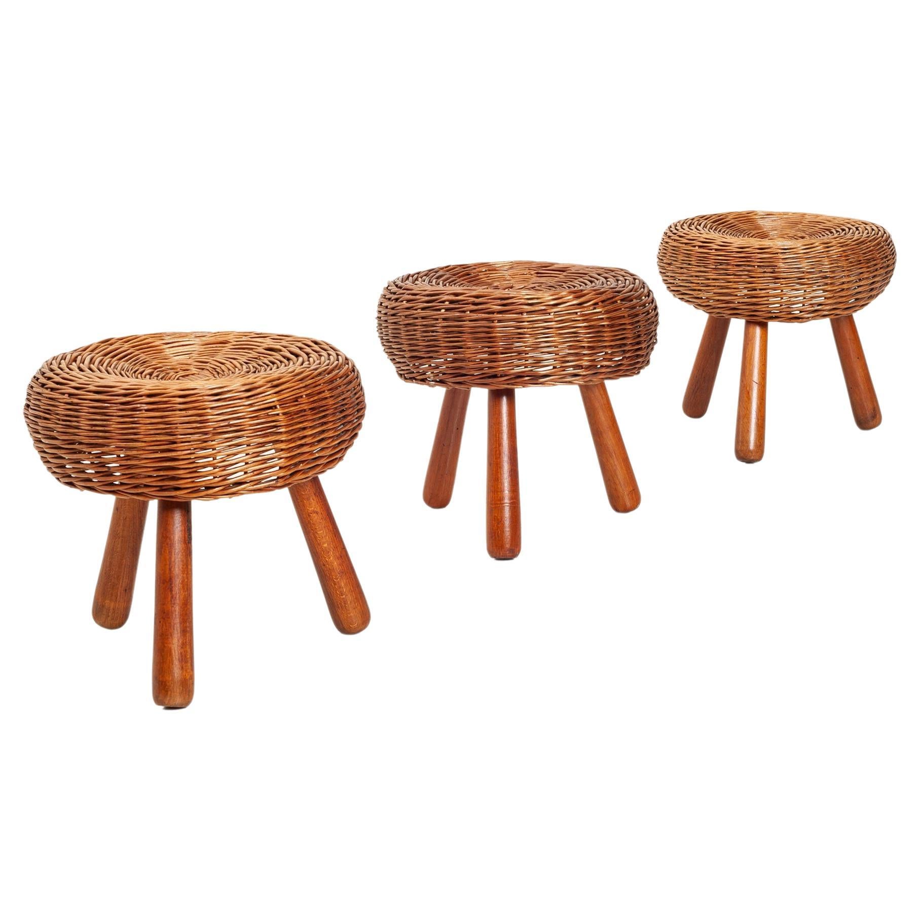 Tony Paul Attributed Low Stools, Woven Wicker, Solid Beech, United States, 1950s