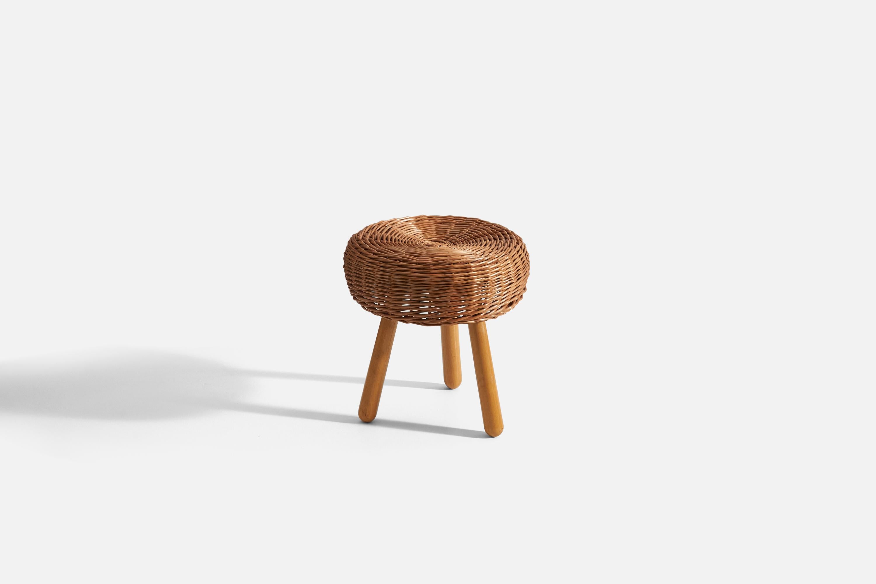 A wicker and wood stool attributed to Tony Paul, United States, 1950s.
 