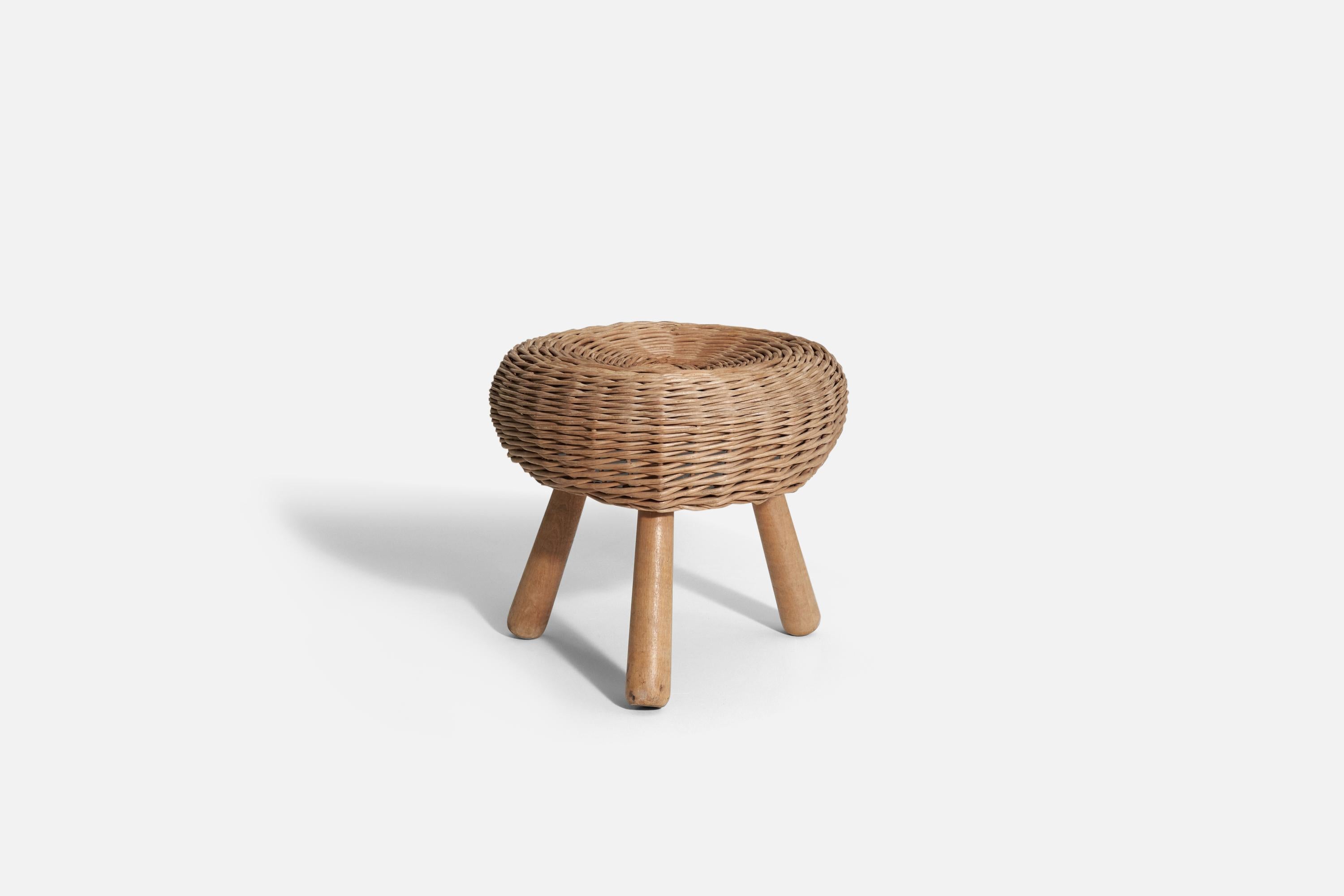 A wicker and wood stool attributed to Tony Paul, United States, 1950s.
 