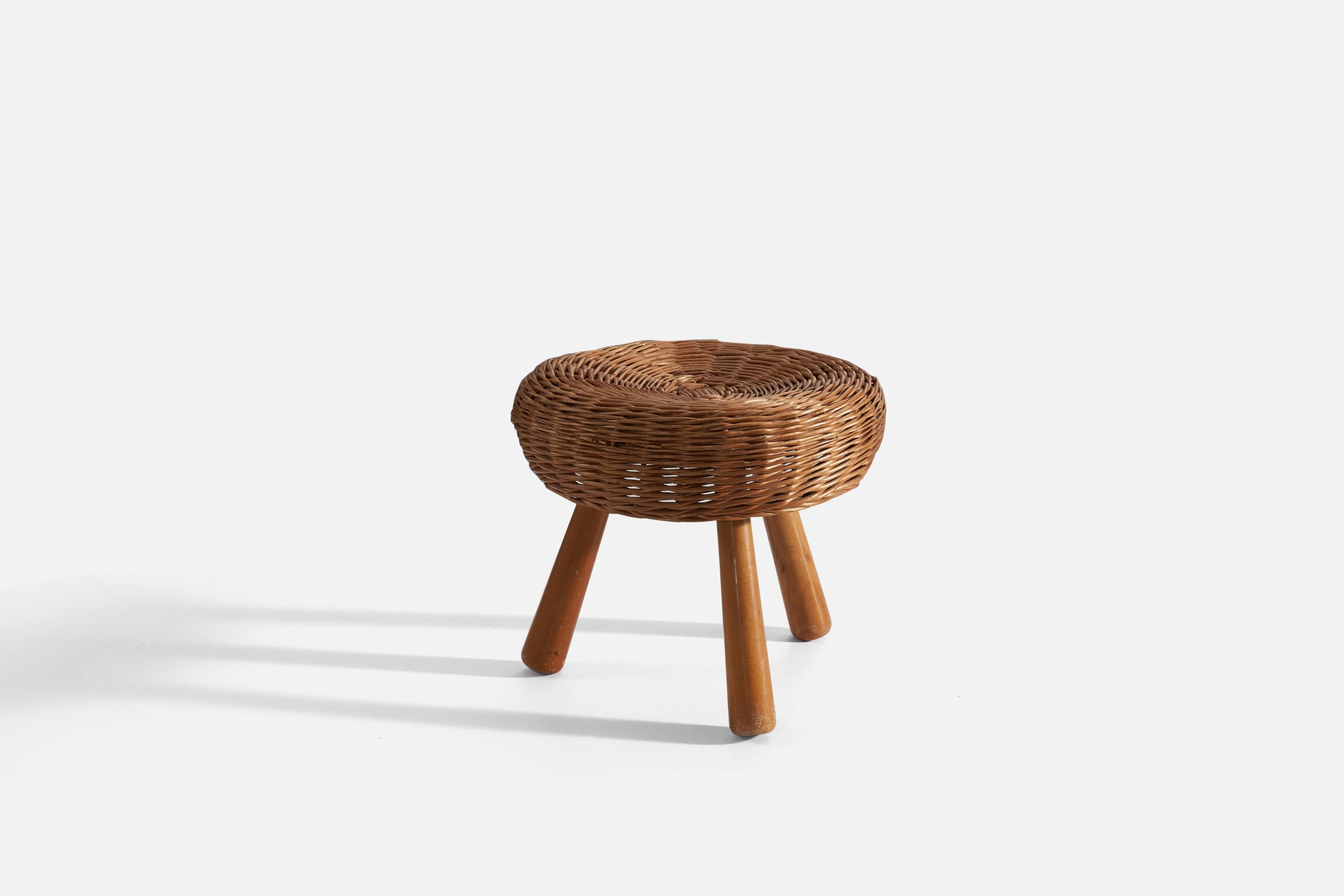 A wicker and wood stool, designed and produced by Tony Paul, United States, 1950s.
 