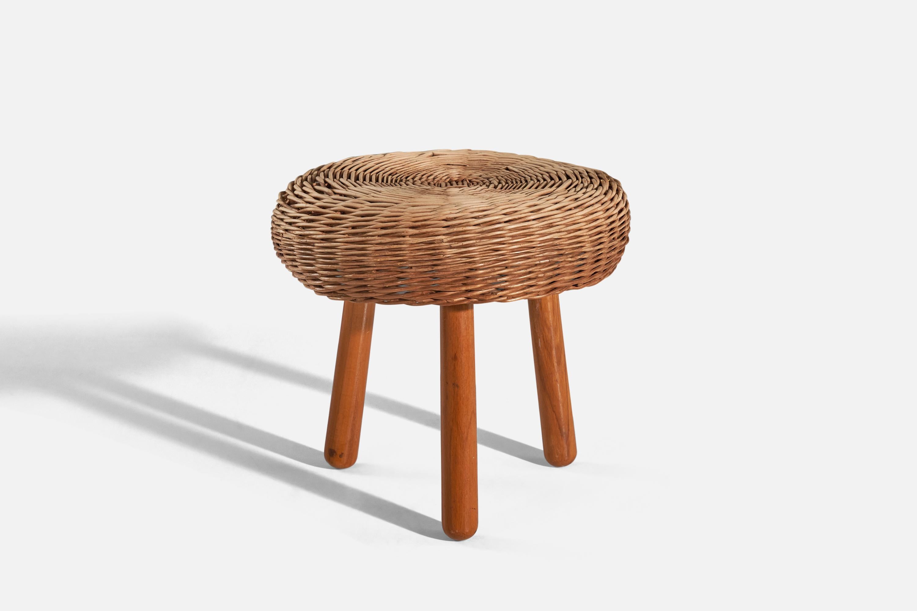 A wicker and wood stool, designed and produced by Tony Paul, United States, 1950s.
 