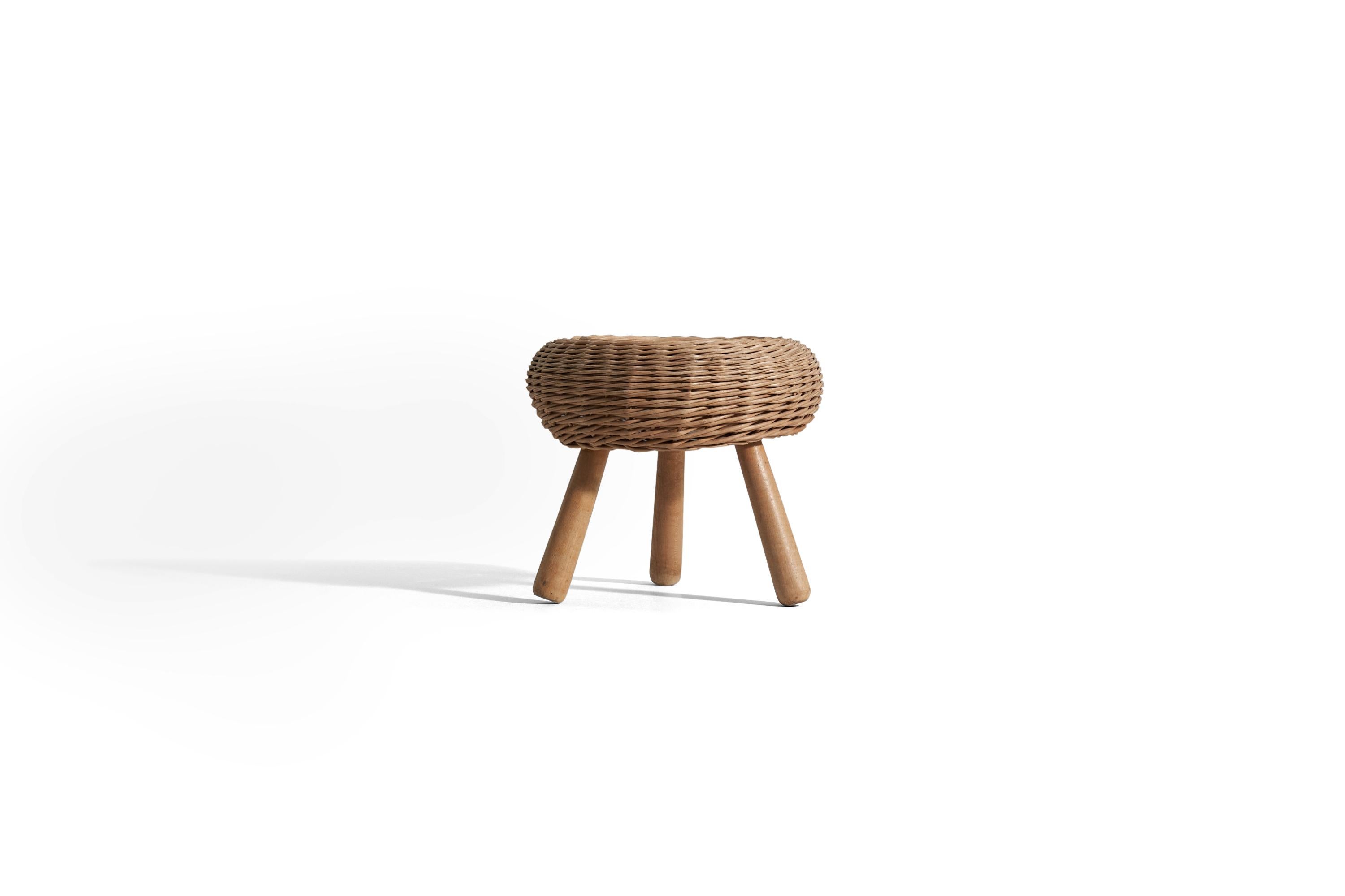 Mid-Century Modern Tony Paul 'Attributed' Stool, Wicker, Wood, United States, 1950s For Sale