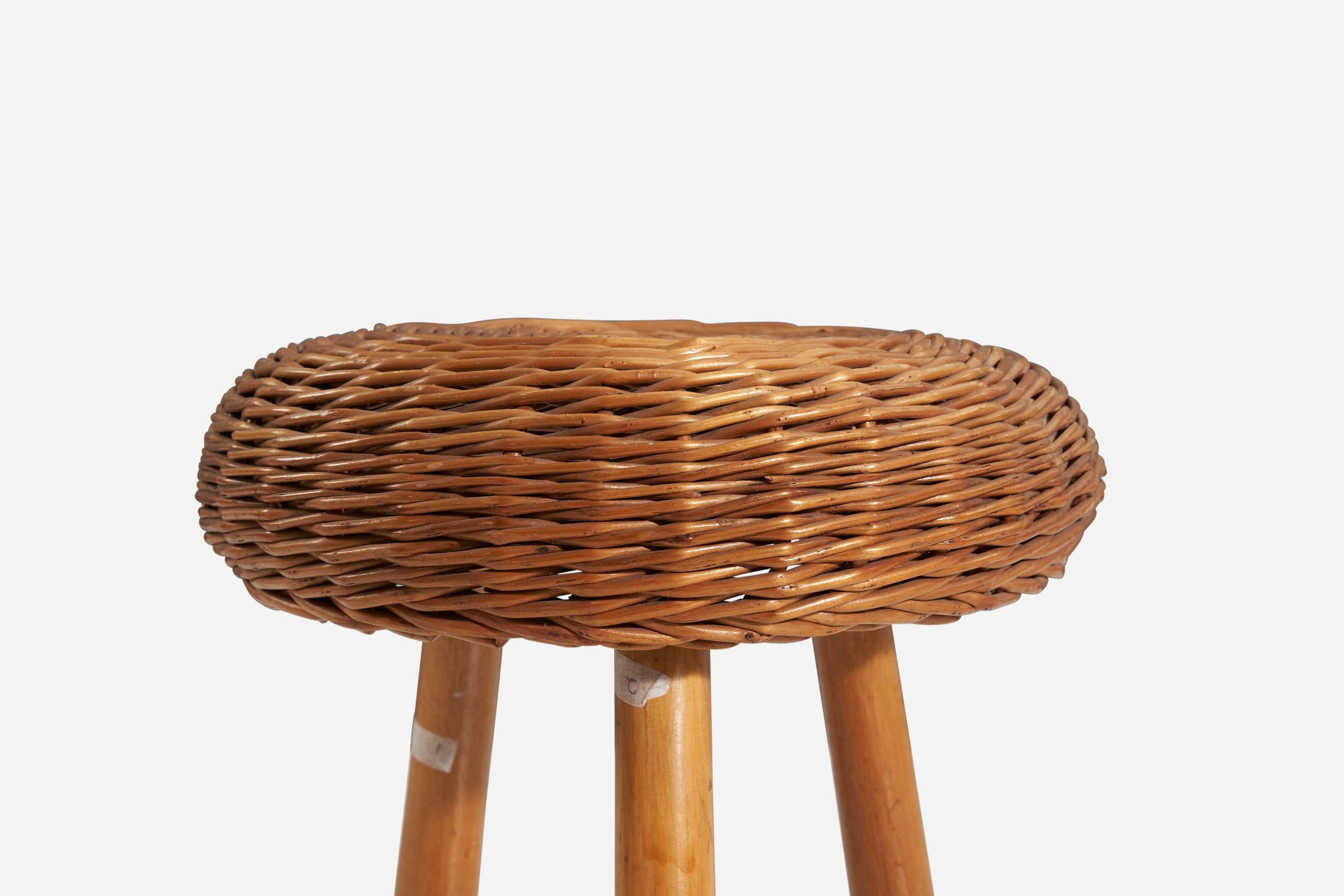 Mid-Century Modern Tony Paul 'Attributed' Stool, Wicker, Wood, United States, 1950s For Sale