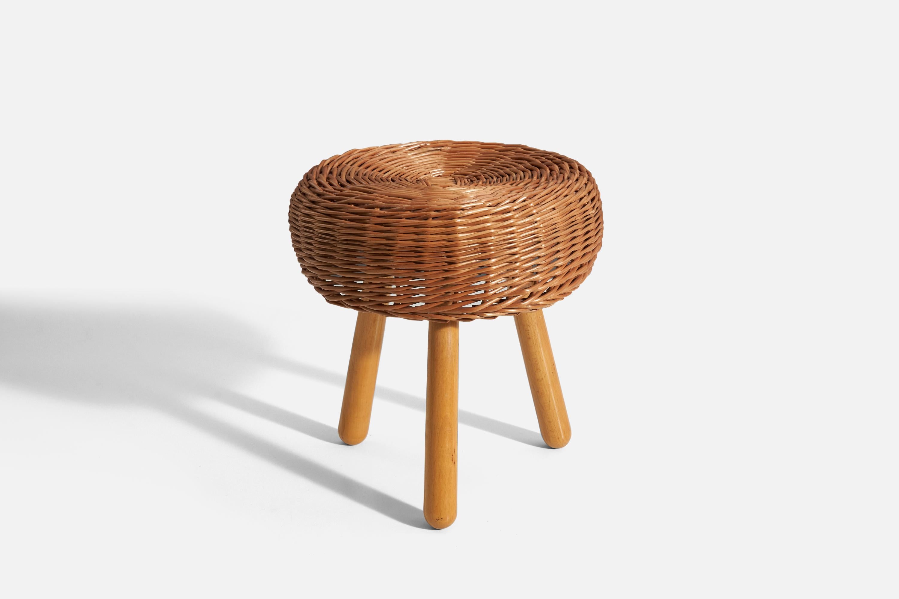 Mid-Century Modern Tony Paul 'Attributed', Stool, Wicker, Wood, United States, 1950s For Sale
