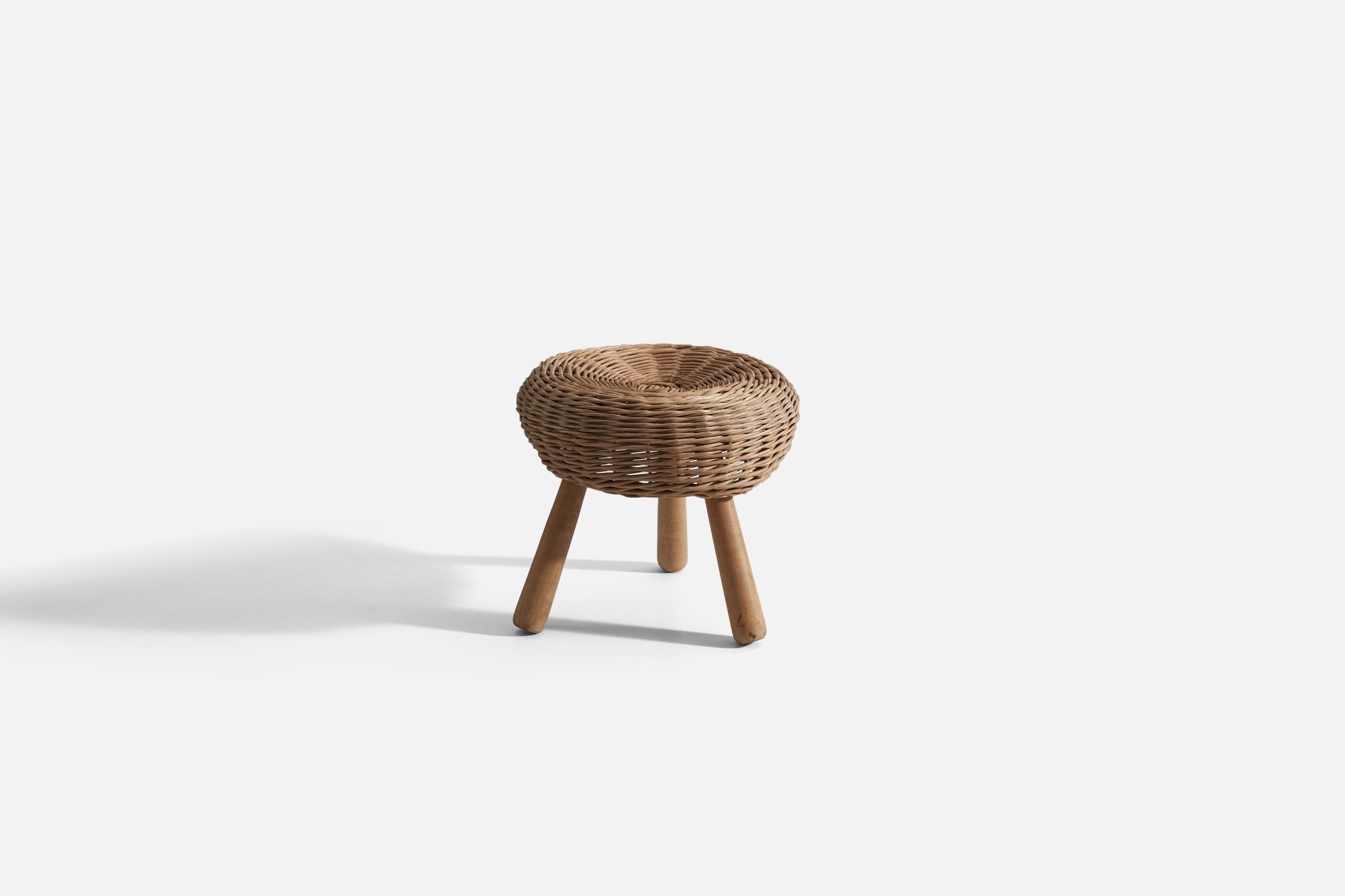 American Tony Paul 'Attributed' Stool, Wicker, Wood, United States, 1950s For Sale