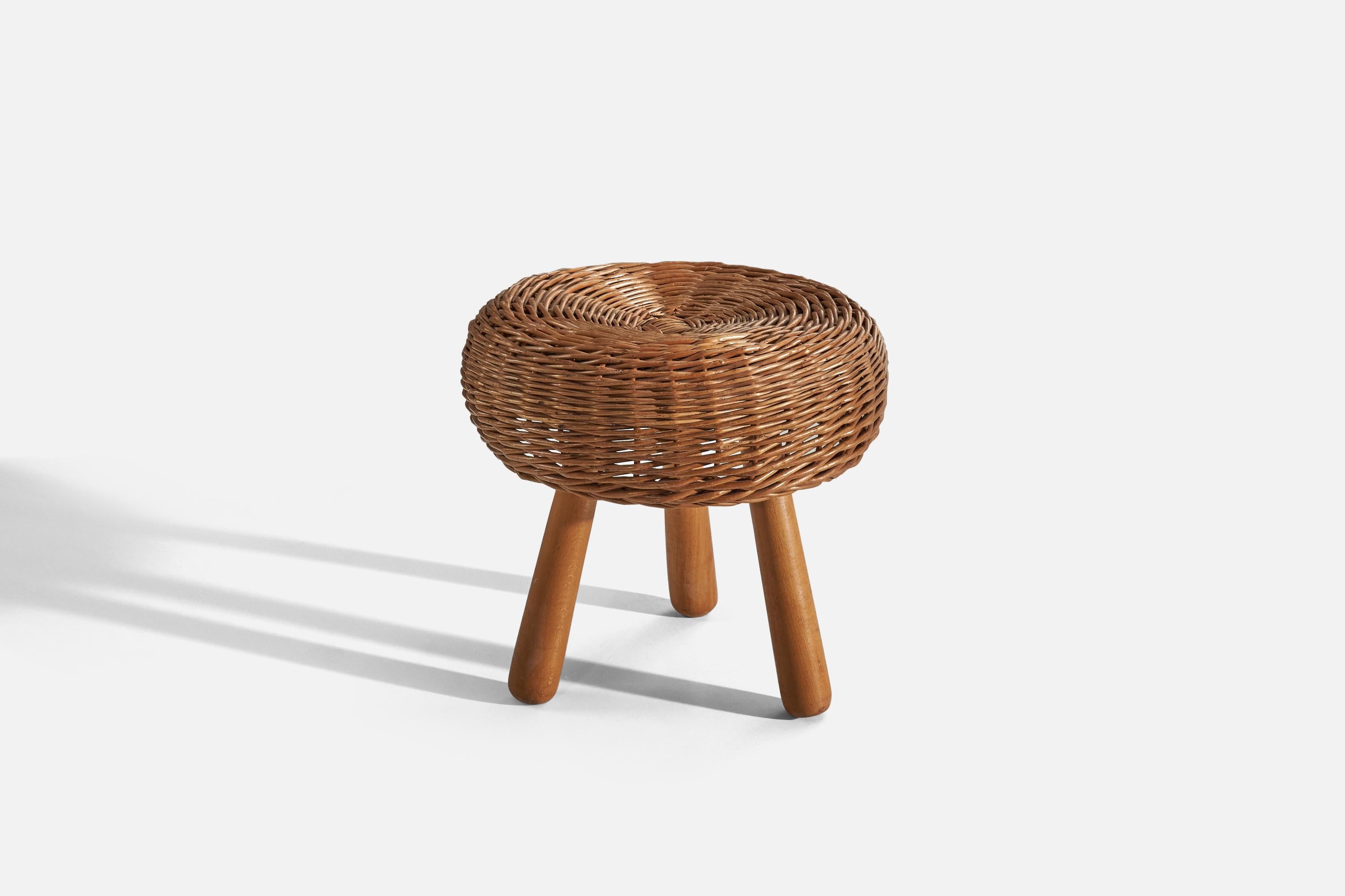 Mid-Century Modern Tony Paul, “Attributed” Stool, Wicker, Wood, United States, 1950s For Sale