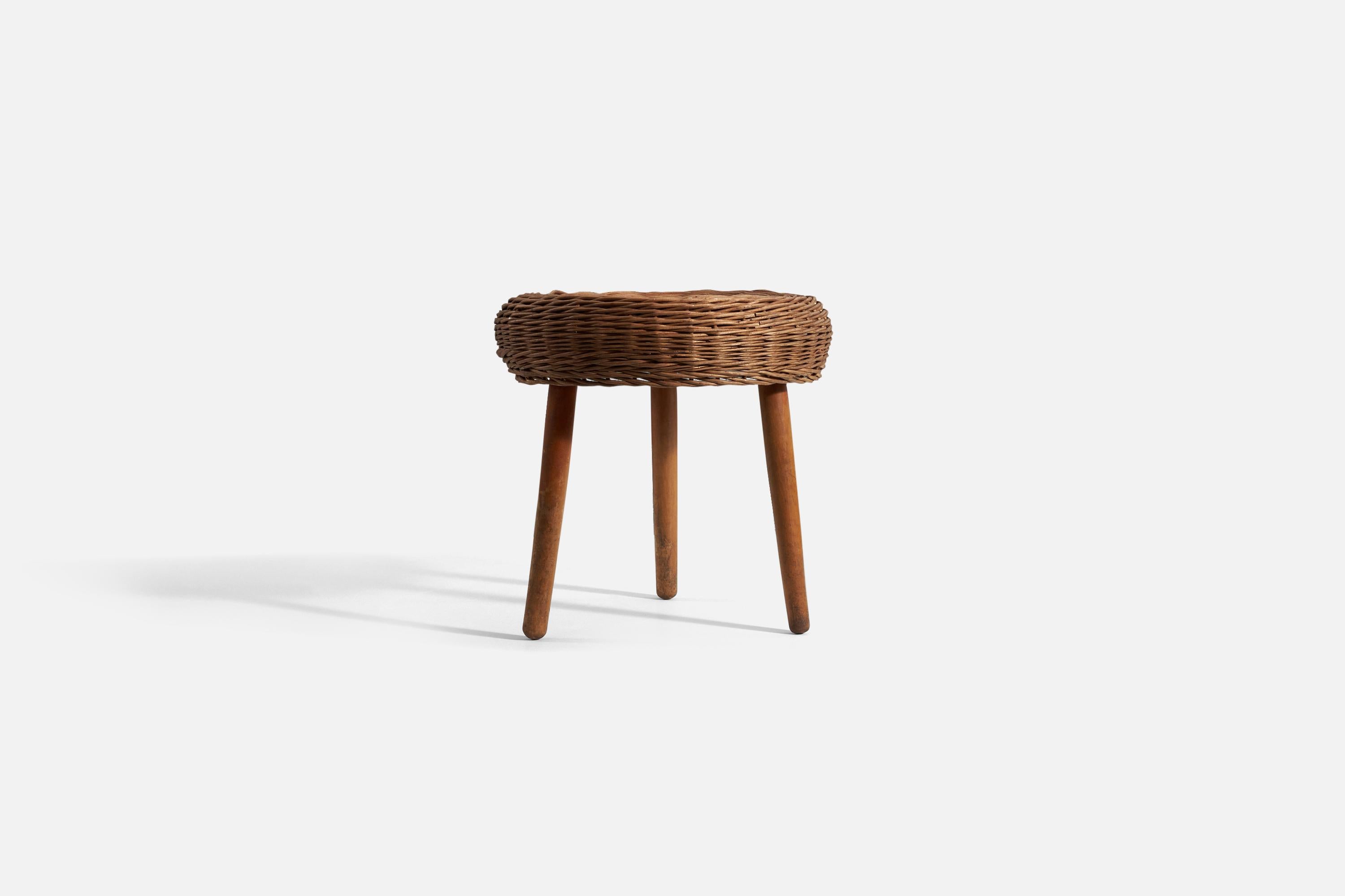 American Tony Paul 'Attributed' Stool, Wicker, Wood, United States, 1950s For Sale