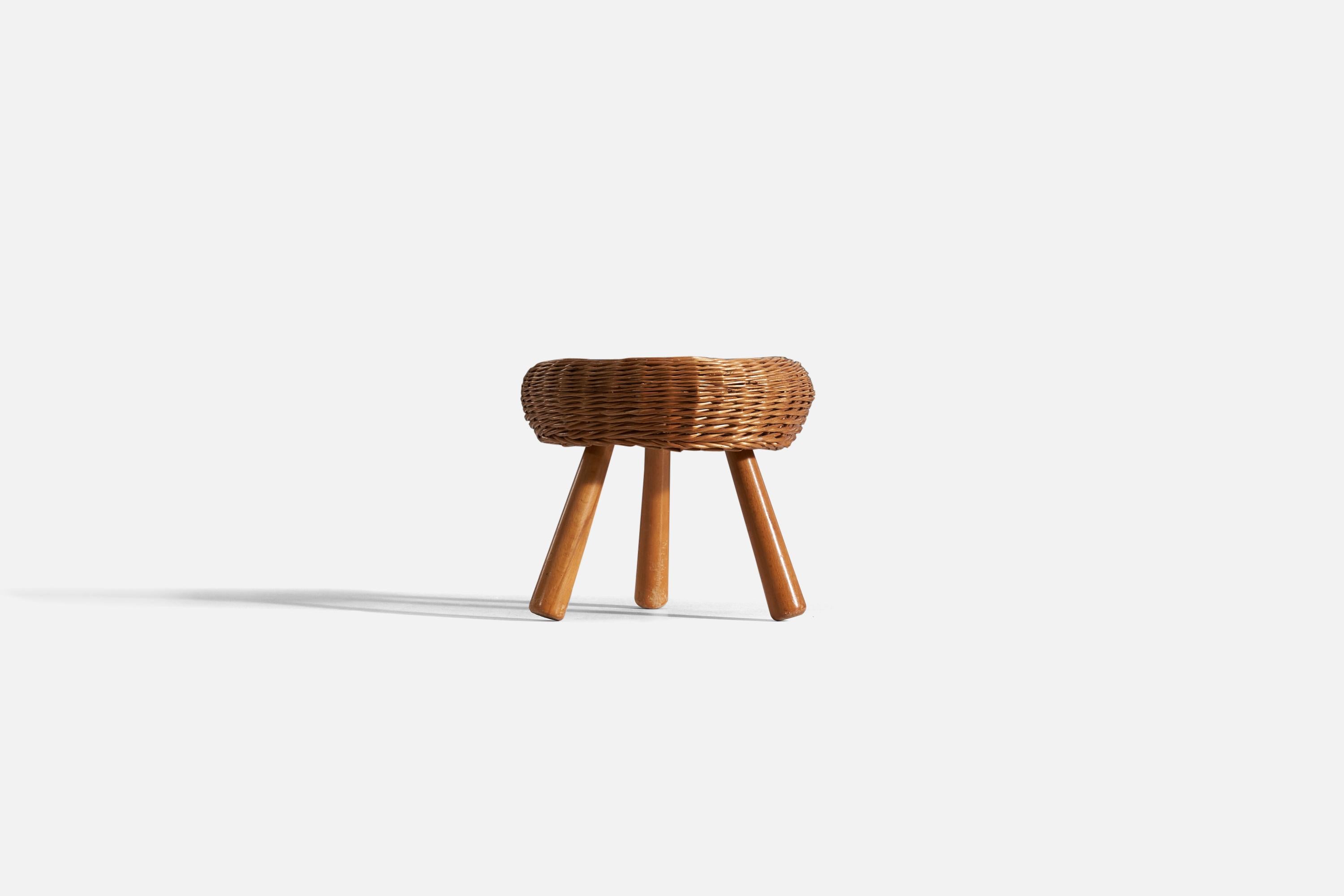 American Tony Paul, “Attributed” Stool, Wicker, Wood, United States, 1950s For Sale