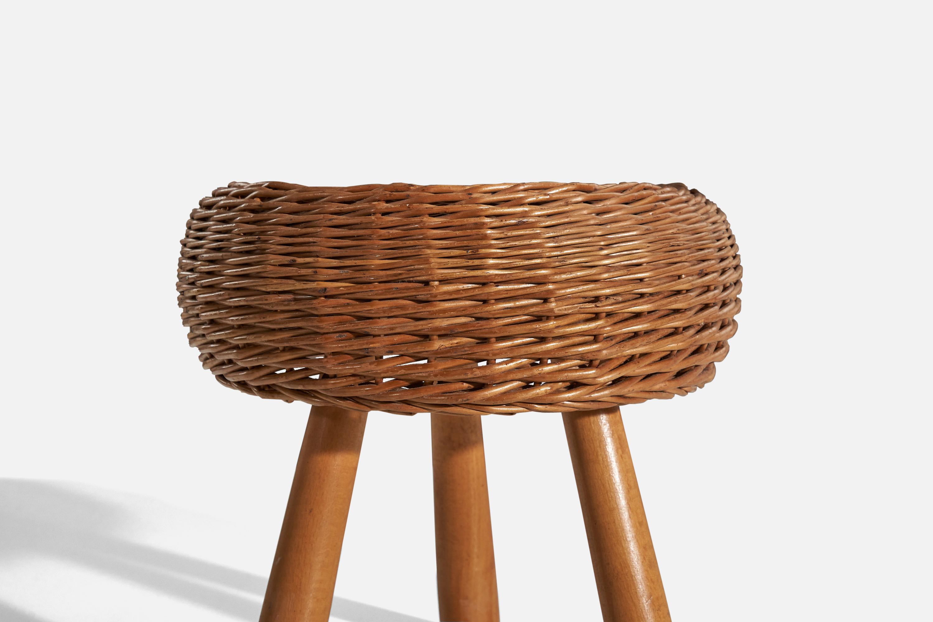 American Tony Paul, “Attributed” Stool, Wicker, Wood, United States, 1950s For Sale