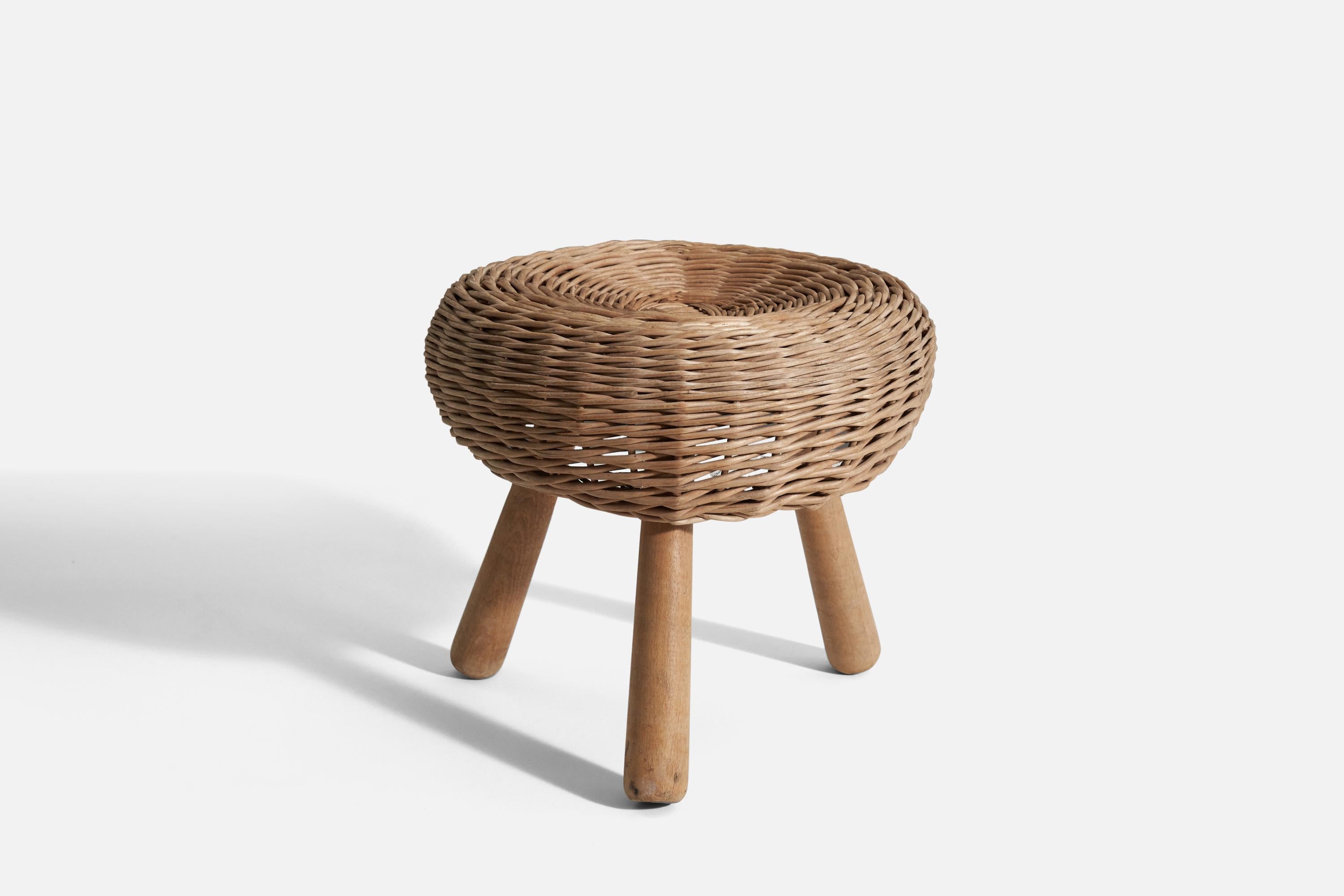 Mid-20th Century Tony Paul 'Attributed' Stool, Wicker, Wood, United States, 1950s